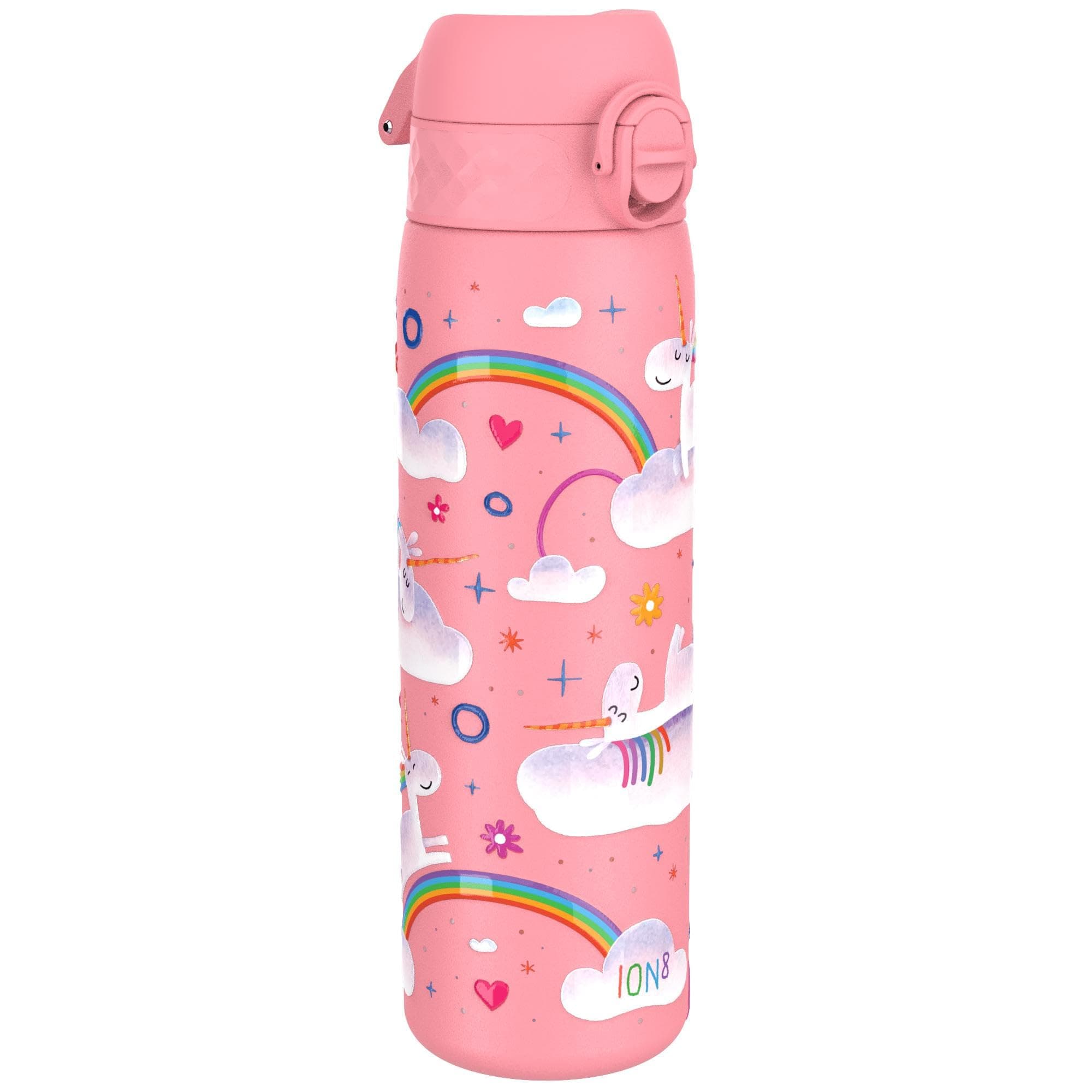 ion8 Hafif çelik içecek şişesi, 600 ml, izolasyonsuz, sızdırmaz, tek elle açılır, güvenli kilitleme, bulaşık makinesinde yıkanabilir, katlanır kapak, taşıma sapı, kolay temizlenir, tek boynuzlu at