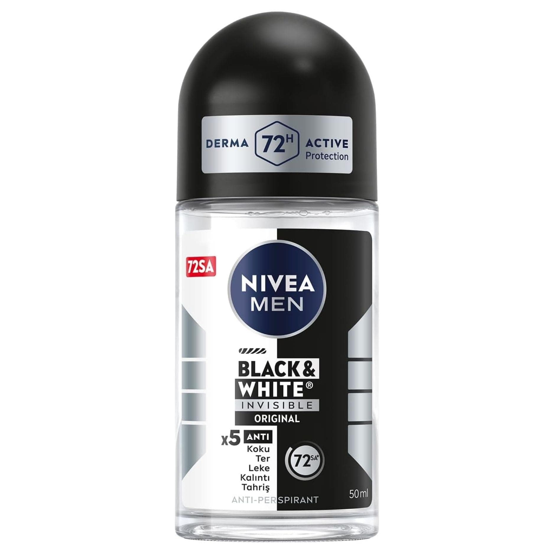 NIVEA MEN Erkek Roll On Deodorant Black&White Invisible Original 50 ml,72 Saat Anti-perspirant Terleme ve Ter Kokusuna Karşı Koruma,Giysilerde Leke Karşıtı,Erkeksi Koku,Etil Alkol İçermez