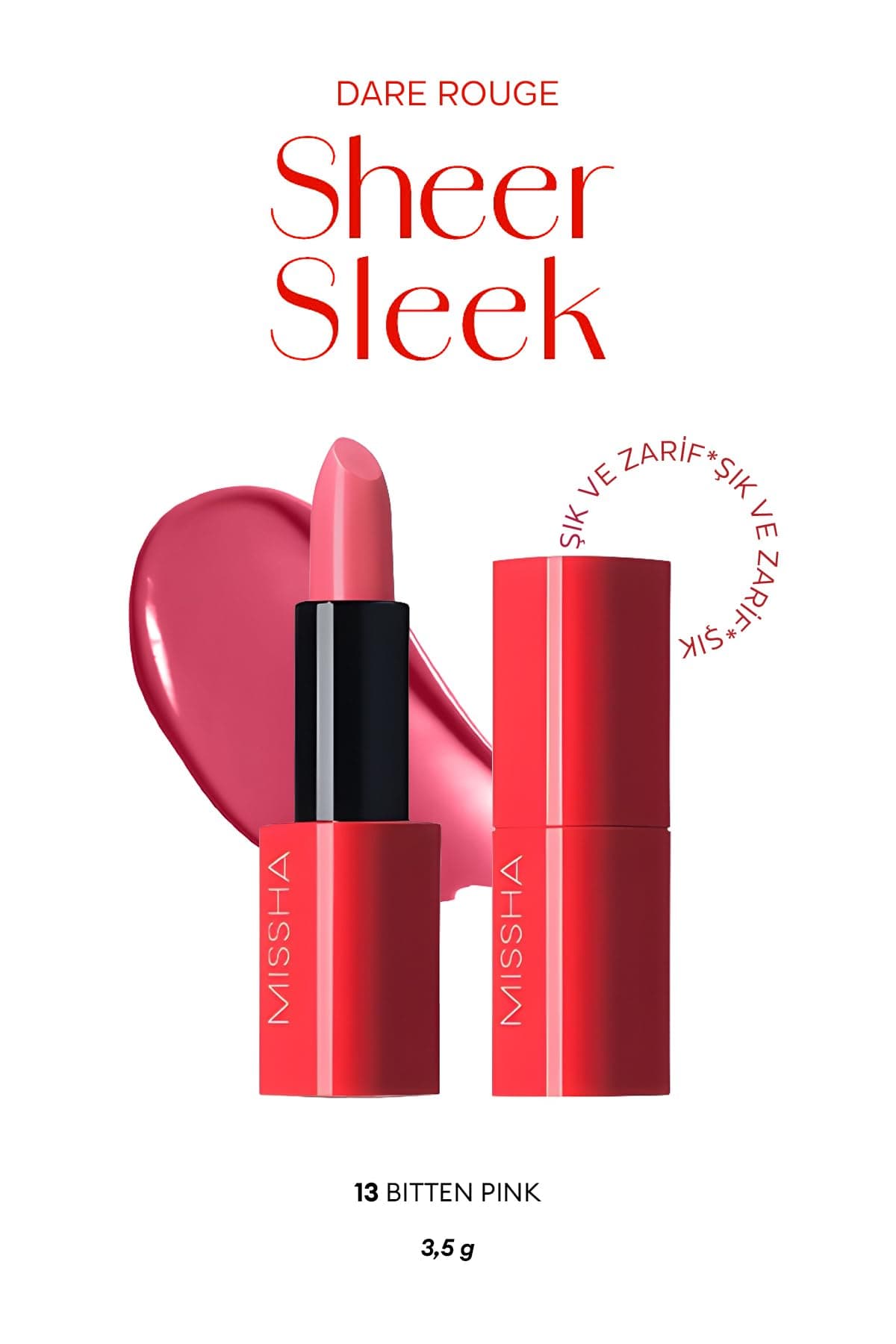 MISSHA Yoğun Pigmentli Besleyici Nemli Bitişli Ruj Dare Rouge Sheer Sleek (13 Bitten Pink) 13 Bitten Pink