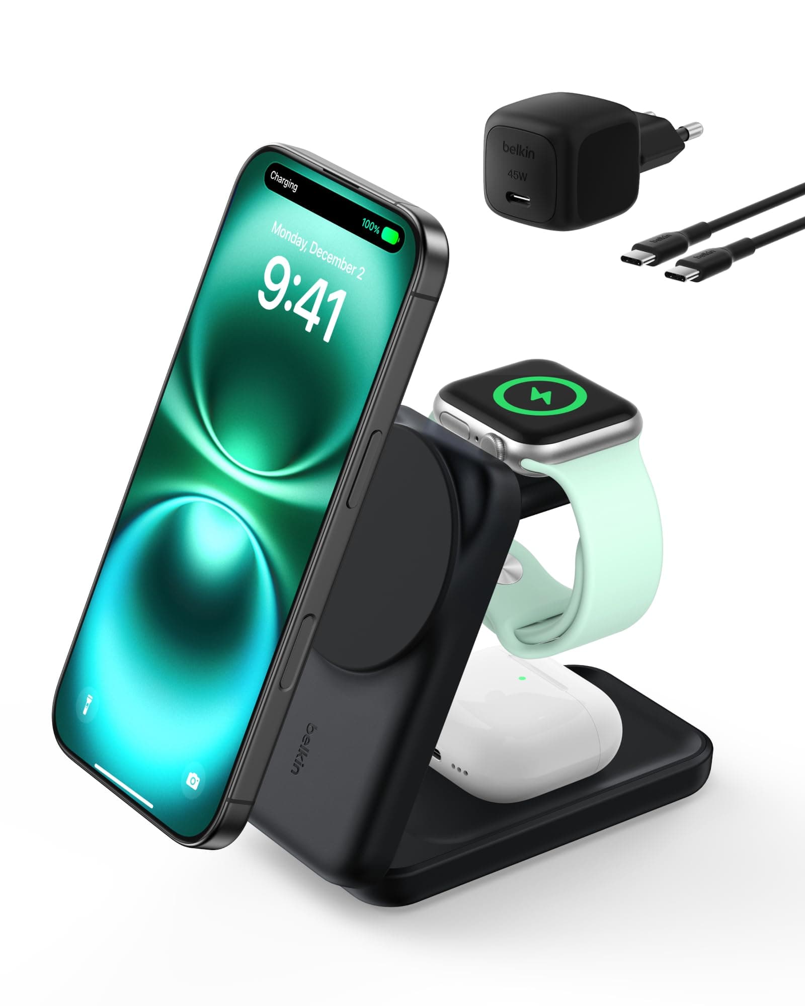 Belkin UltraCharge MagSafe Uyumlu 3’ü 1 Arada Qi2 25W Kablosuz Şarj Cihazı, iPhone 17, Apple Watch, AirPods, Pixelsnap, Dönüştürülebilir Masaüstü Standı, 45W Adaptör, Siyah