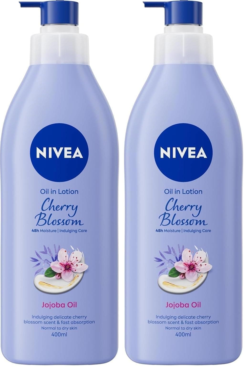 NIVEA Değerli Yağlar İçeren Vücut Losyonu Kiraz Çiçeği & Jojoba Yağı, 400 ml, Normal ve Kuru Ciltler için, 48 Saat Nemlendirme, Hızlı Emilen Losyon (2 paketi)