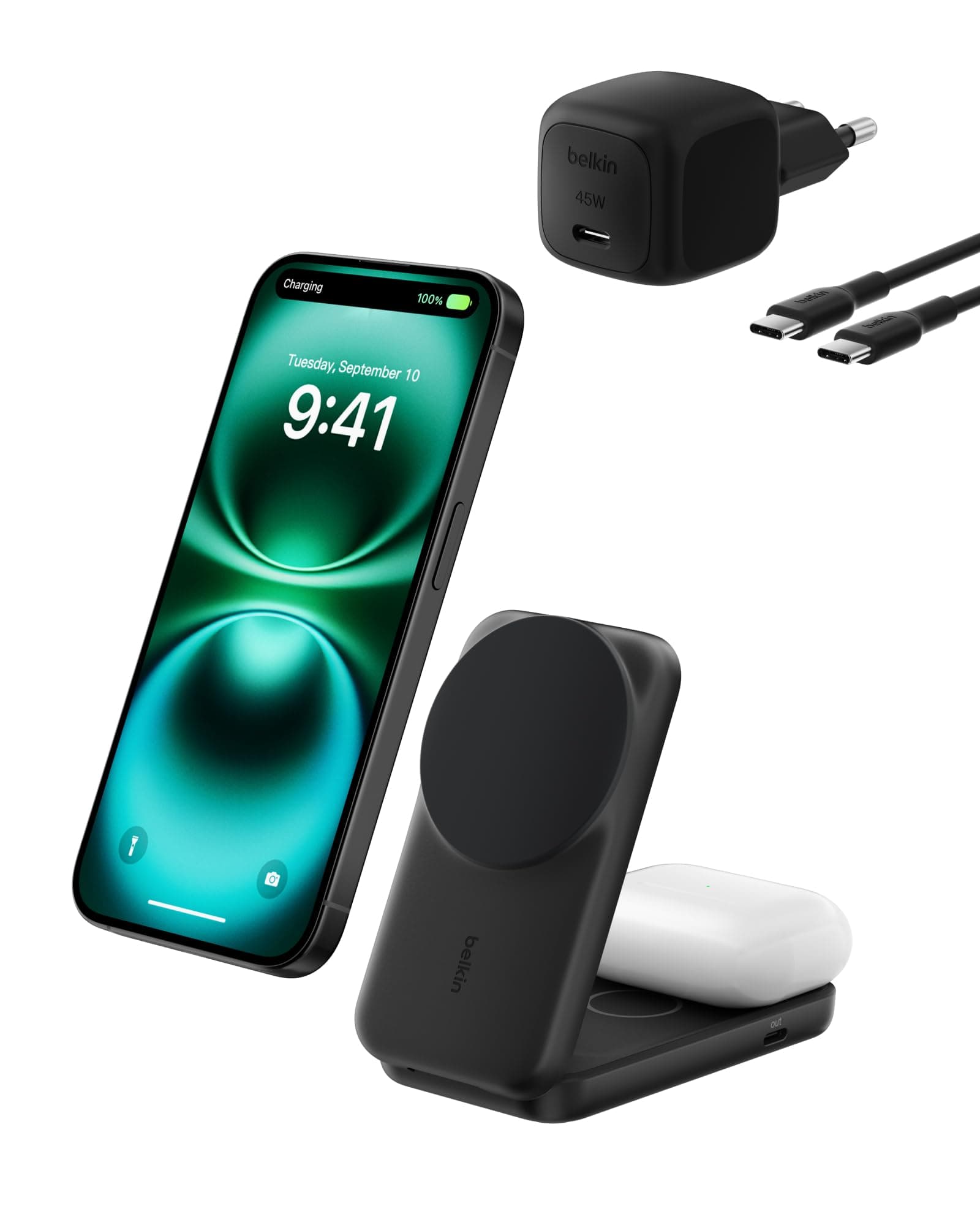 Belkin UltraCharge MagSafe Uyumlu 2’si 1 Arada Qi2 25W Kablosuz Şarj İstasyonu, iPhone 17, AirPods, Pixelsnap, Dönüştürülebilir Masaüstü Standı, USB-C Portlu, 45W Adaptör, Siyah