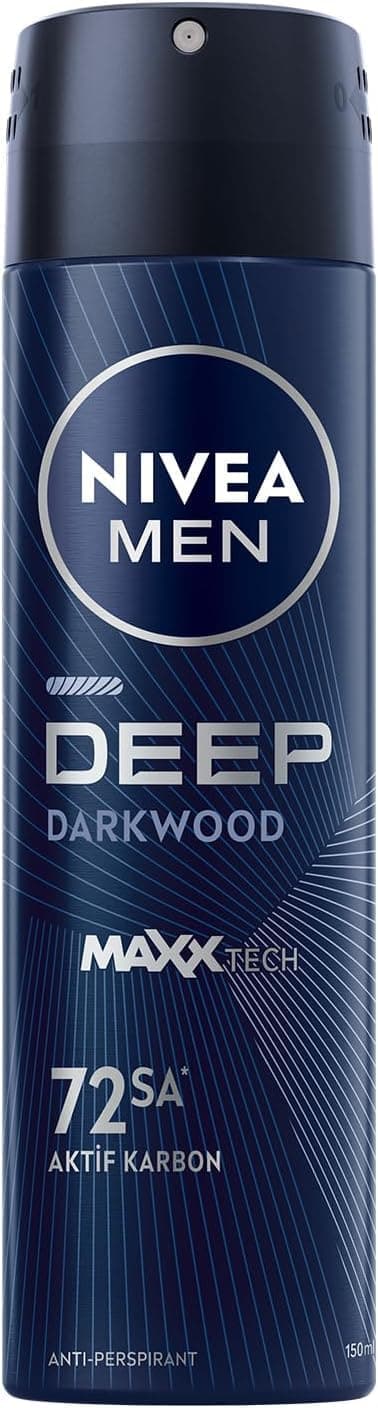NIVEA MEN Erkek Sprey Deodorant Deep Darkwood 150ml, 72 Saat Anti-Perspirant Ter ve Ter Kokusuna Karşı Koruma, Maskülen Koku,Aktif Karbon