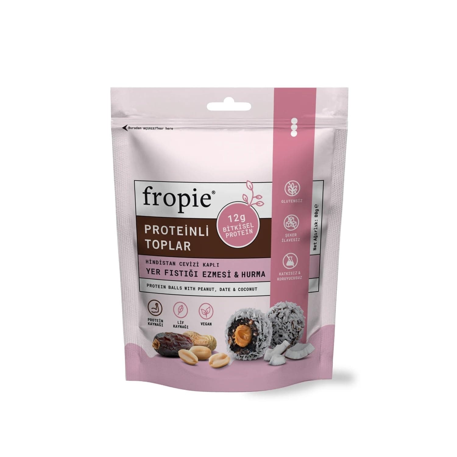 Fropie Protein Topları - Hindistan Cevizi Kaplı & Yer Fıstığı Ezmeli 80 gr