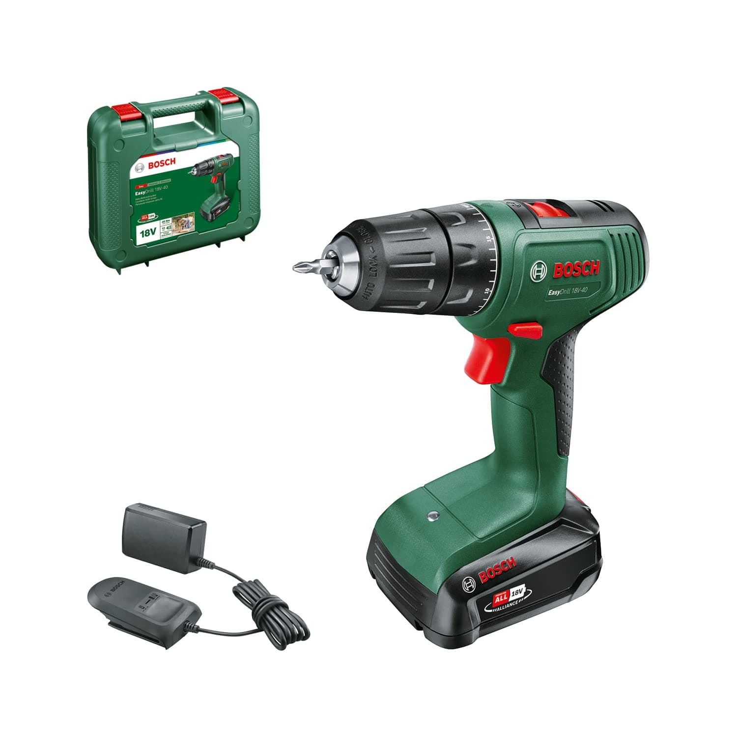 Bosch Home and Garden EasyDrill 18V-40 akülü vidalama makinesi (ahşap, metal ve plastik üzerine vidalama veya delme; 18 Volt sistem; 1 x akü 2,0 Ah; çanta içinde)