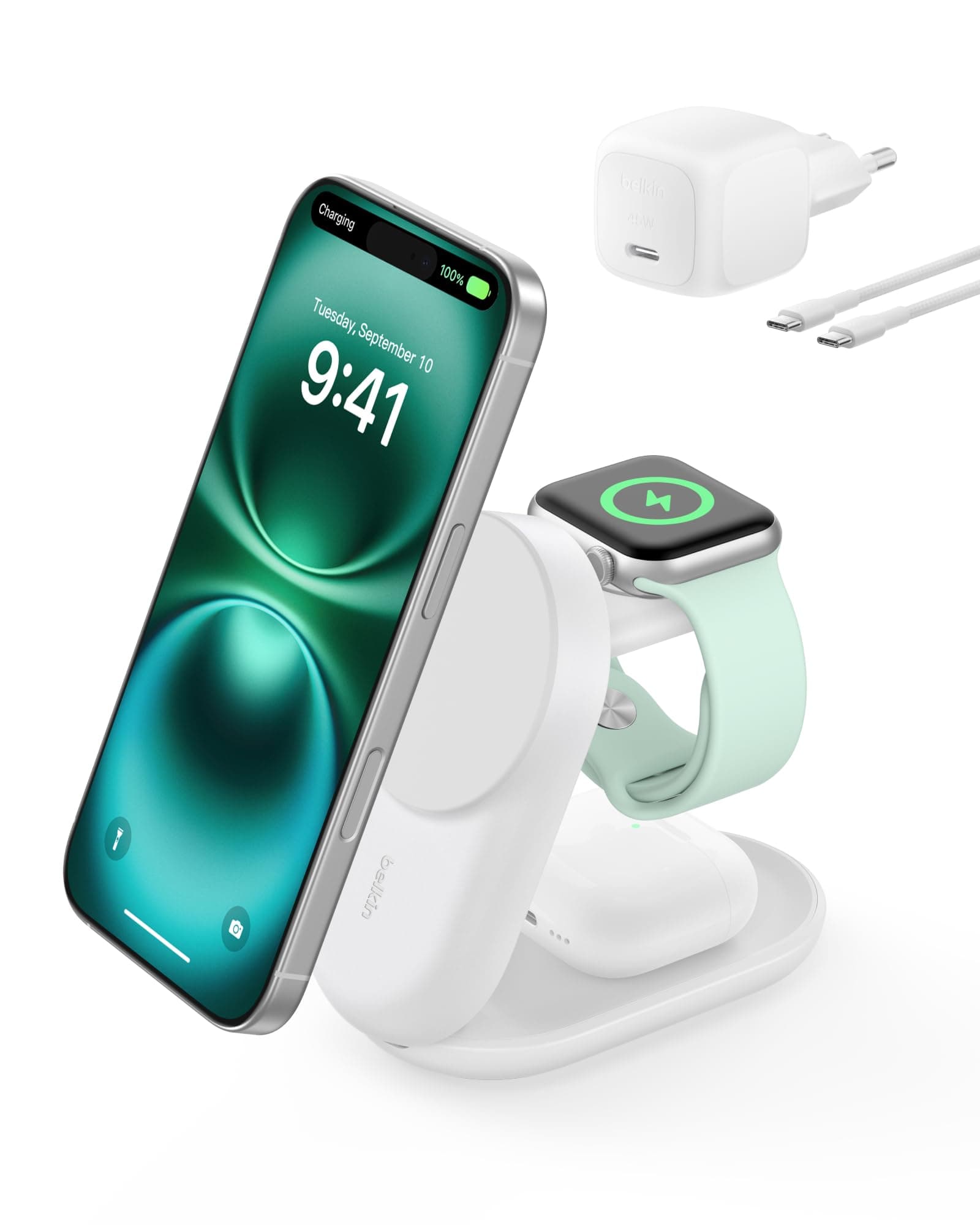 Belkin UltraCharge MagSafe Uyumlu 3’ü 1 Arada Qi2 25W Kablosuz Şarj Cihazı, iPhone 16, Apple Watch, AirPods, Pixelsnap, Dönüştürülebilir Masaüstü Standı, 45W Adaptör, Beyaz