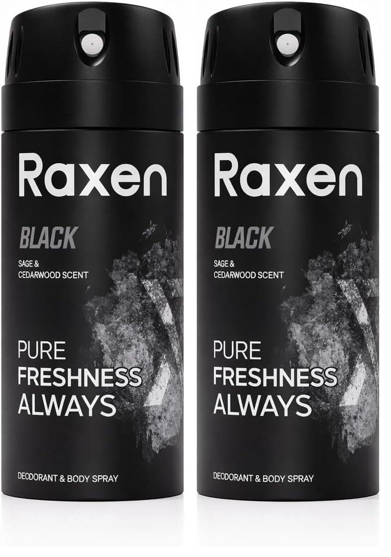 Raxen Erkek Deodorant Spreyi - Black Serisi - 150ml - Etkili Ter Kokusu Önleyici - Alüminyumsuz ve Leke Bırakmayan Formül - Gün Boyu Ferahlık Veren Erkek Vücut Spreyi (2 paketi)