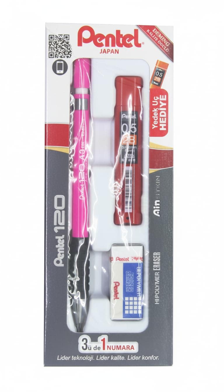 Pentel A315-3As 120A3 (0.5mm) 3'Lü Okul Seti - (Kalem+Silgi+Hediye Min, Pembe