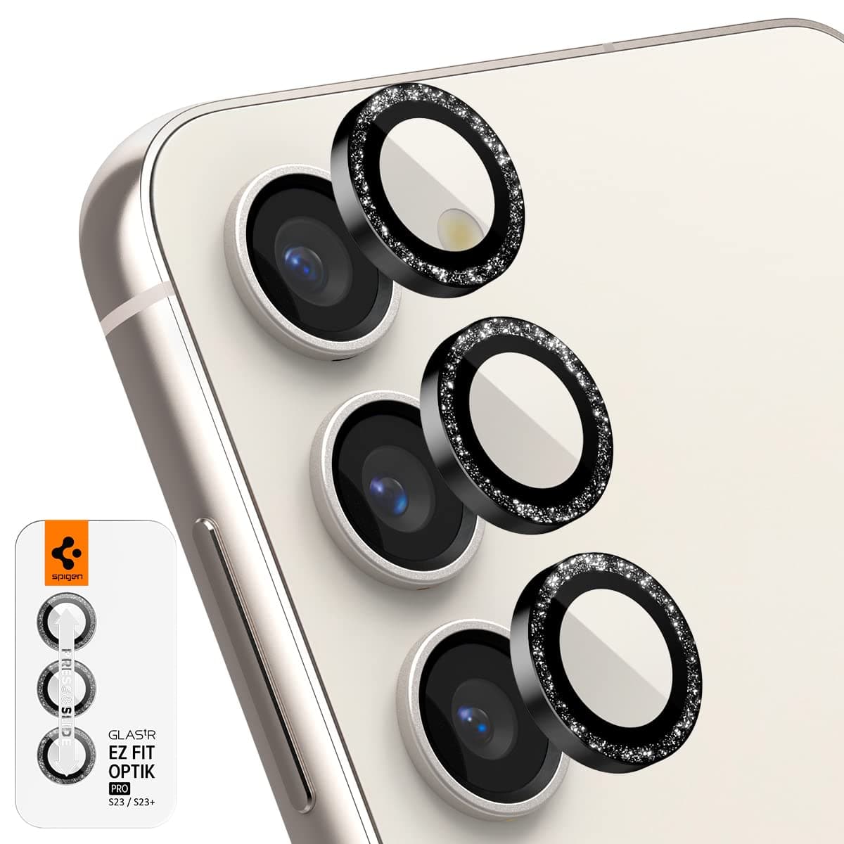 Spigen Galaxy S23 Plus / S23 ile Uyumlu Kamera Lens Koruyucu Cam Kolay Kurulum Glas.tR EZ Fit Optik Pro (2 Adet) Black Glitter - AGL06109