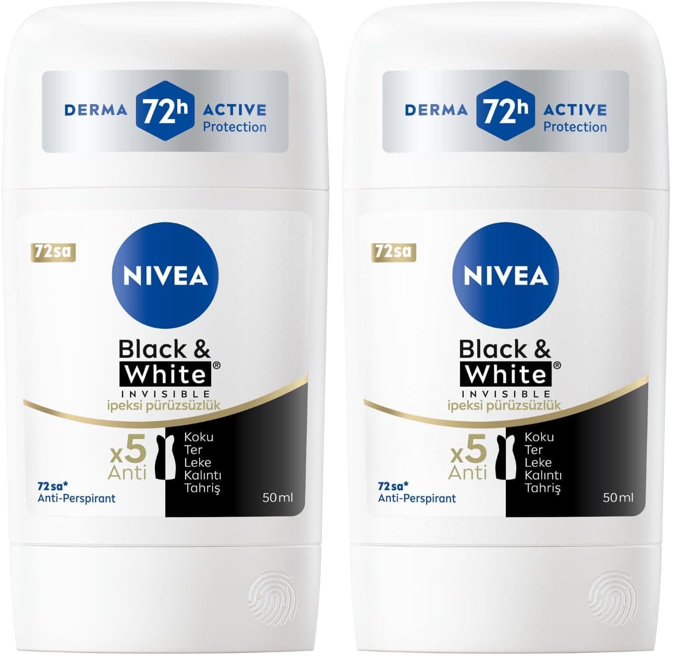 NIVEA Kadın Stick Deodorant Black&White Invisible İpeksi Pürüzsüzlük 72 Saat Anti-Perspirant Koruma, 50 ml (2 paketi)