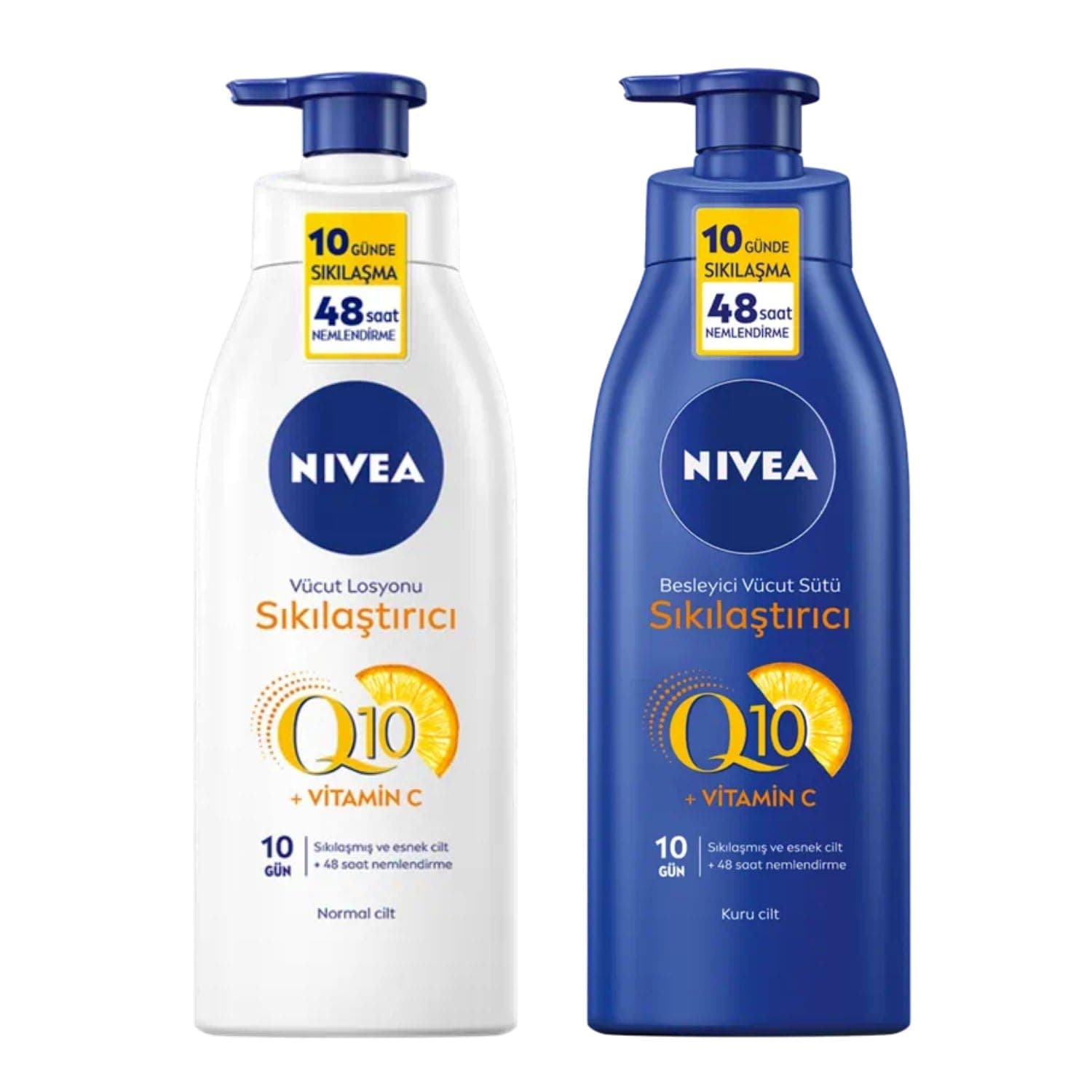 NIVEA Sıkılaştırıcı Vücut Losyonu Q10 + C Vitamini, 400 ml, 48 Saat Nemlendirme, 10 Günde Sıkılaşma, Normal Ciltler için + NIVEA Sıkılaştırıcı Vücut Sütü Q10 + C Vitamini, 10 Günde Sıkılaşma,400 ml X2