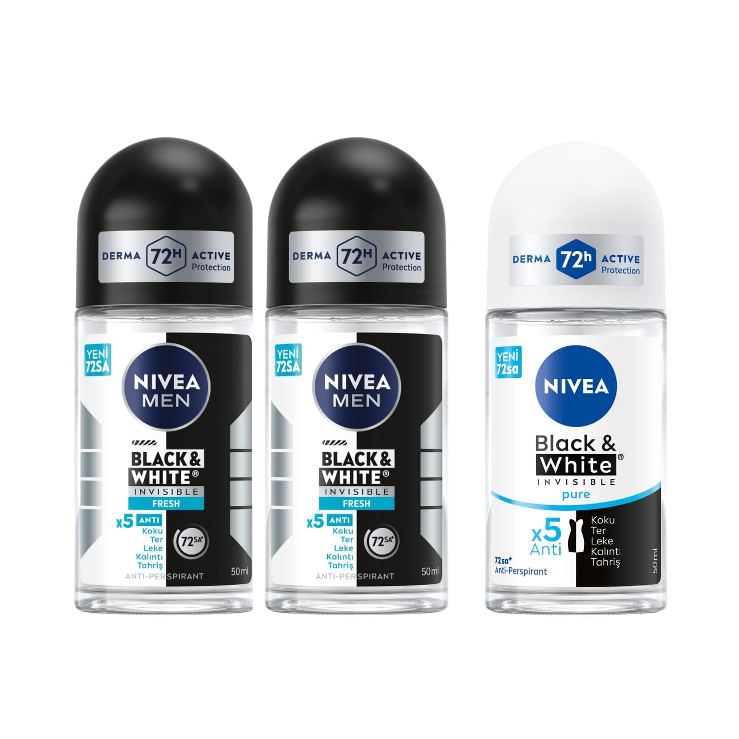 NIVEA Men Erkek Roll On Deodorant Black&White Invisible Fresh 48 Saat Anti-Perspirant Koruma, 50 ml X2 + NIVEA Kadın Roll On Deodorant Black & White Invisible Pure 48 Saat Koruma (50 ml)