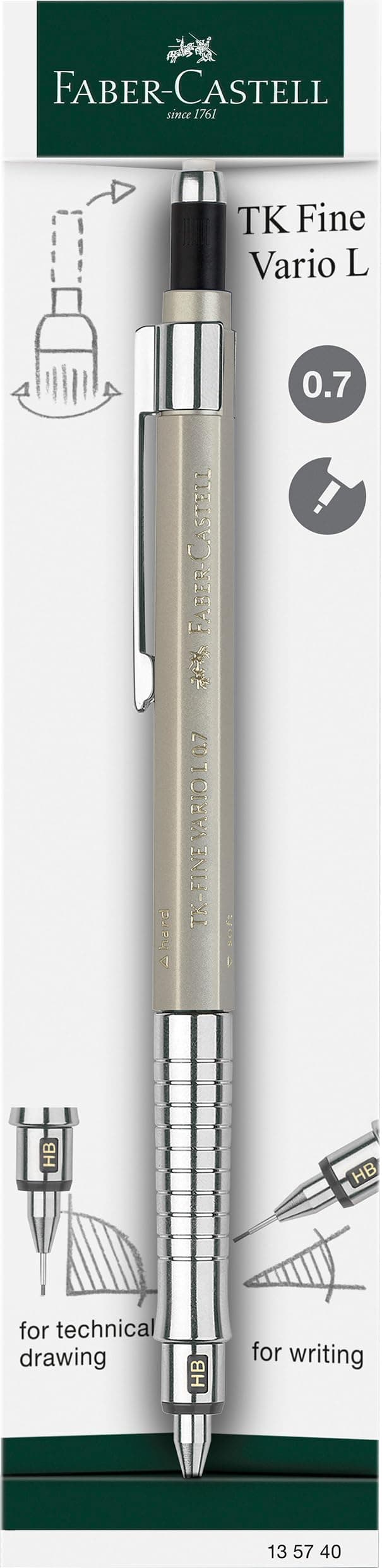 Faber-Castell Vario Lüx Versatil Kalem, 0.7 mm Uç, Sertlik Ayarlı Metal Uç, Silgili, Ergonomik Tutuş, Champagne Gold Rengi