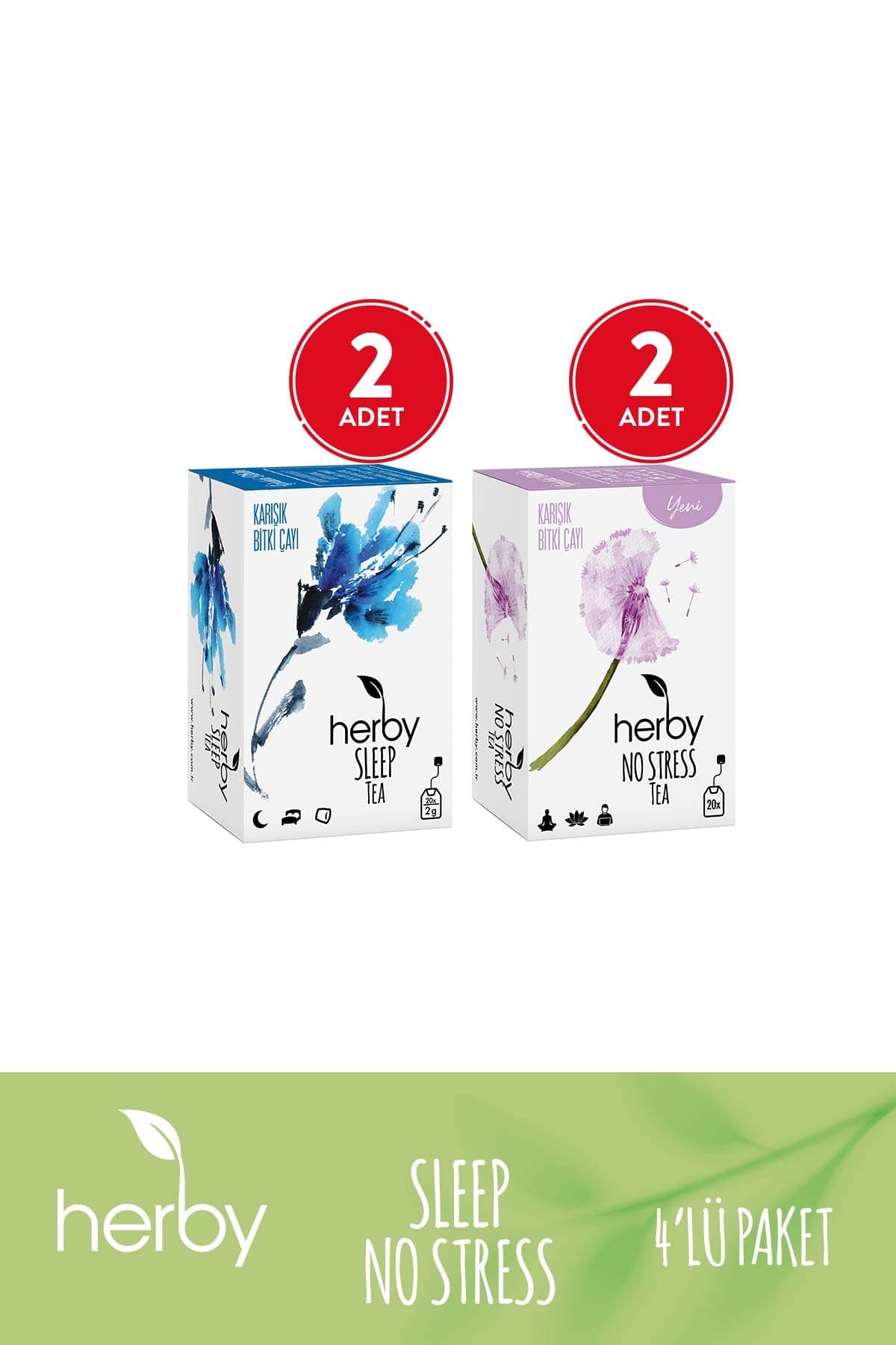 Herby Bitki Çayı Rahatlama Paketi (Sleep Tea, No Stress Tea), 4'lü