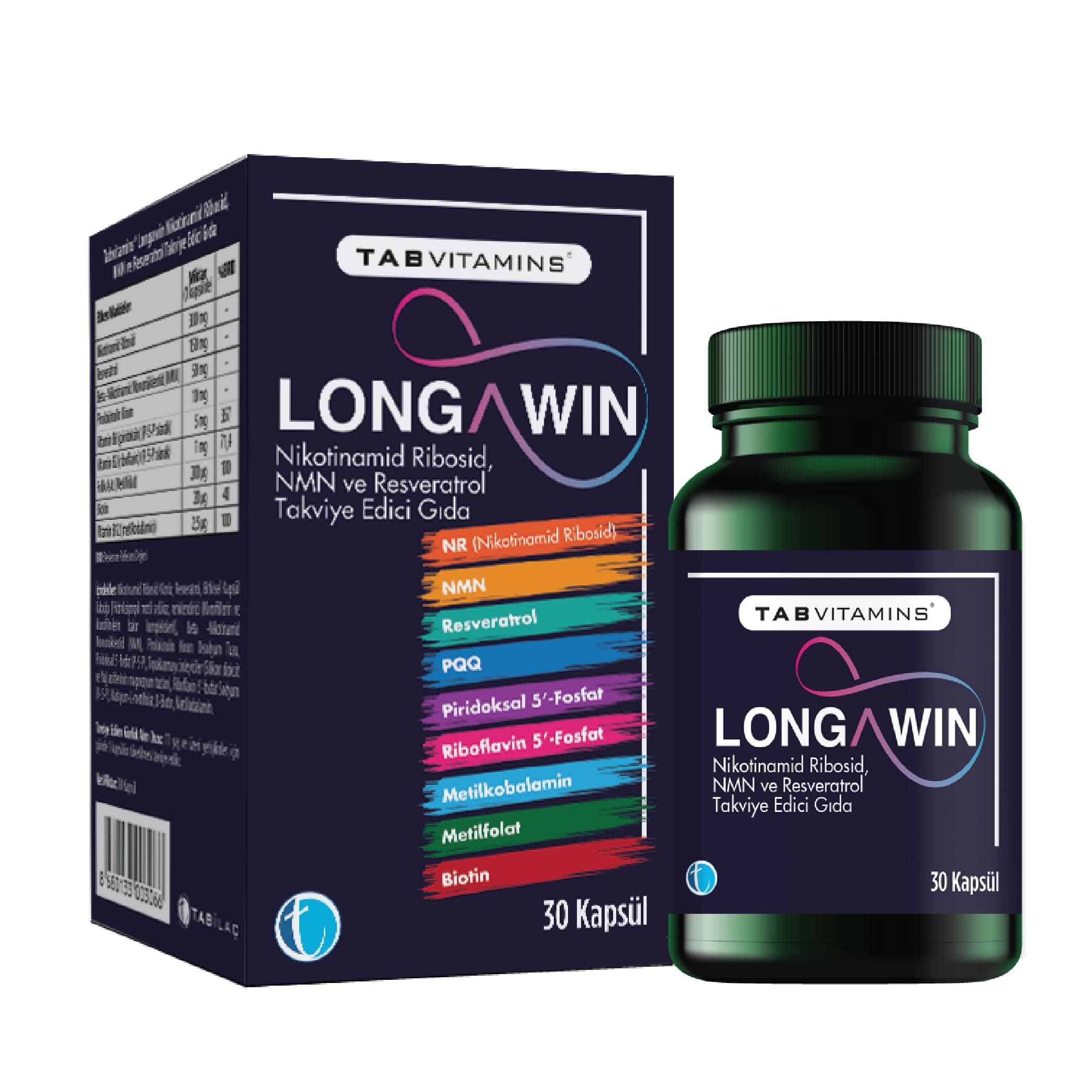 TABVITAMINS Longawin 30 Bitkisel Kapsül NR Nikotinamid Ribosid NMN Resveratrol PQQ
