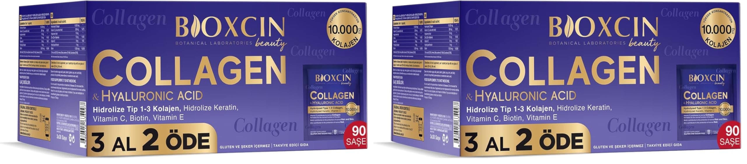Bioxcin Beauty Collagen Toz Saşe 10.000 mg – Tip 1 & Tip 3 Hidrolize Kolajen, Keratin, Biotin, C ve E Vitamini, Hyaluronik Asit – Ananas Aromalı – 3 Al 2 Öde (2 paketi)