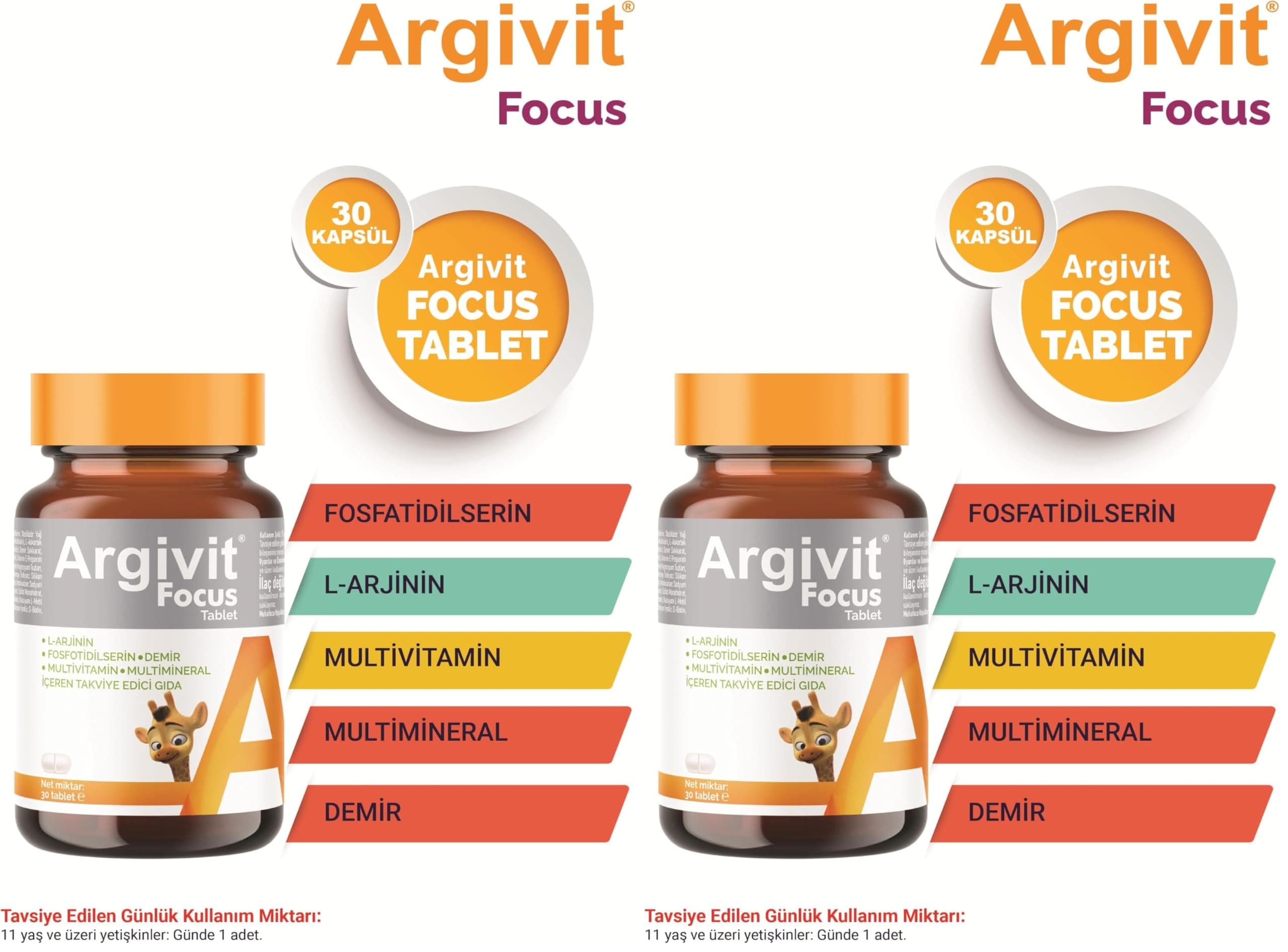 Argivit Focus LArjinin, Fosfotidilserin, Demir, Multivitamin ve Multimineral İçeren Tablet 30 Tablet (2 paketi)