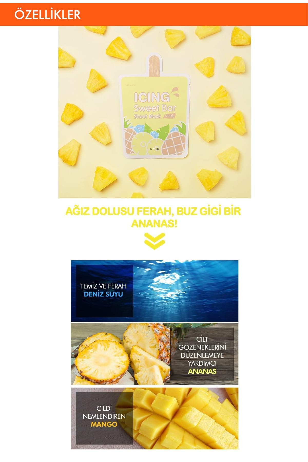 MISSHA Ananas Özlü Pürüzsüz Görünüm Sağlayan Yaprak Maske APIEU Icing Sweet Bar Sheet Mask (Pineapple)