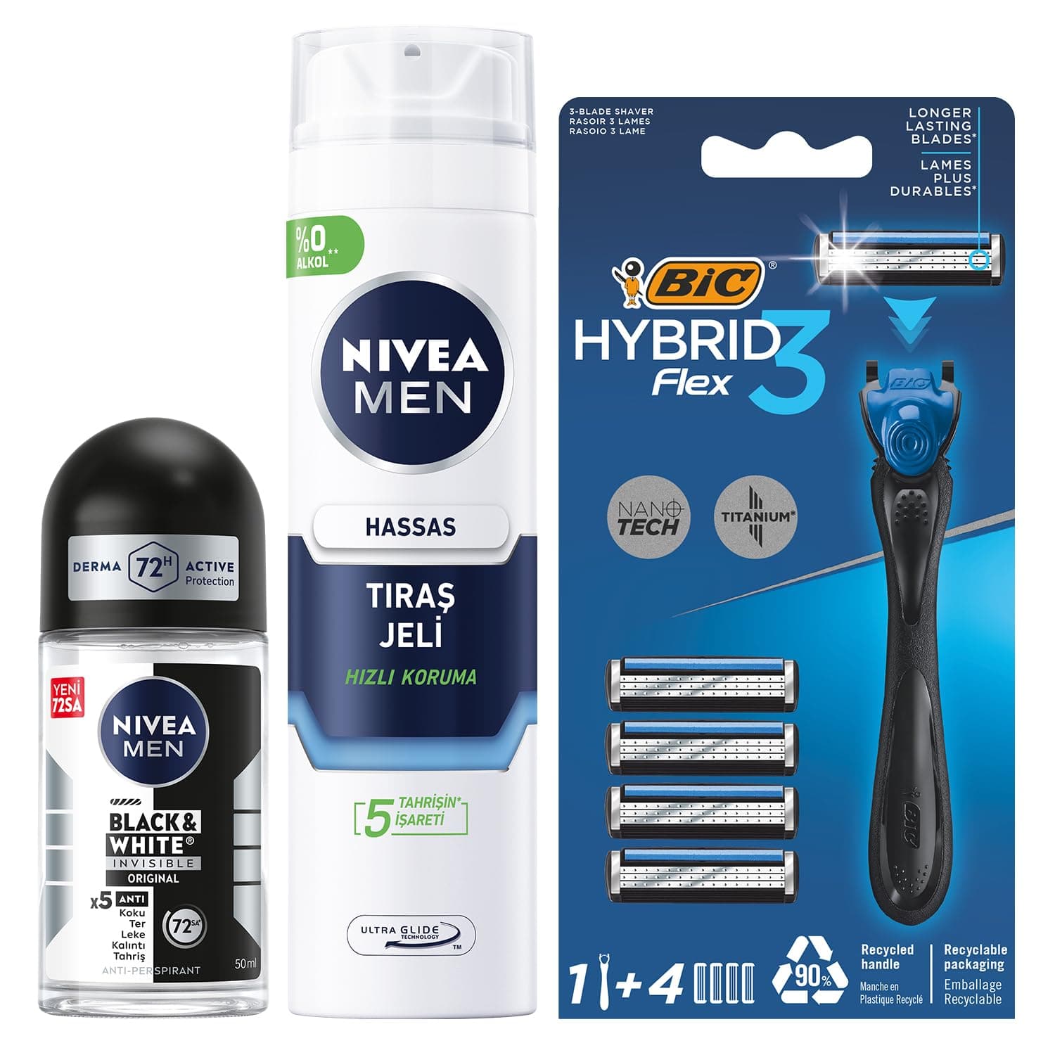 NIVEA MEN Erkek Roll On Deodorant Black & White Invisible Original 50 ml + Tıraş Jeli 200 ml + BIC Hybrid 3 Flex Erkek Tıraş Bıçağı 1 Sap ve 4 Yedek Başlık (3 Bıçak)