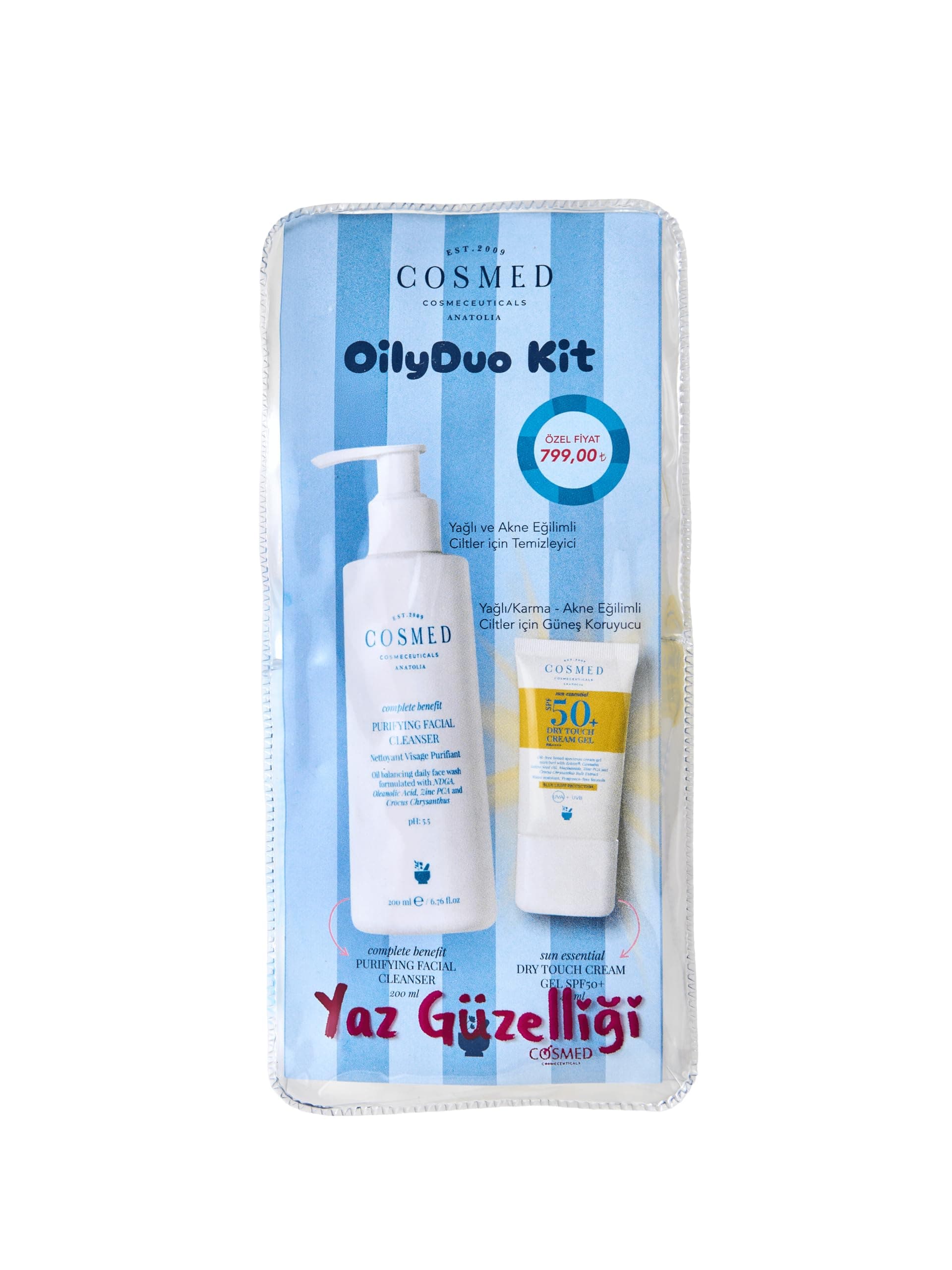 Cosmed Oily-Duo Kit Yağlı/Karma Ciltler için Arındırıcı Yüz Temizleyici 200 ml ve SPF50 Güneş Kremi 40 ml