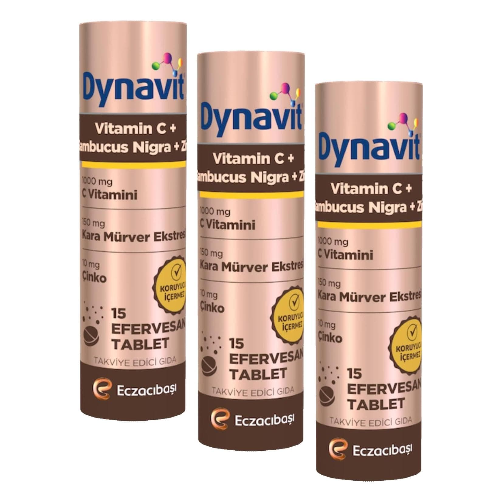Dynavit Vitamin C & Sambucus Nigra & Çinko 15 Efervesan Tablet - Bağışıklık - Karışık Meyve Aromalı (3 paketi)