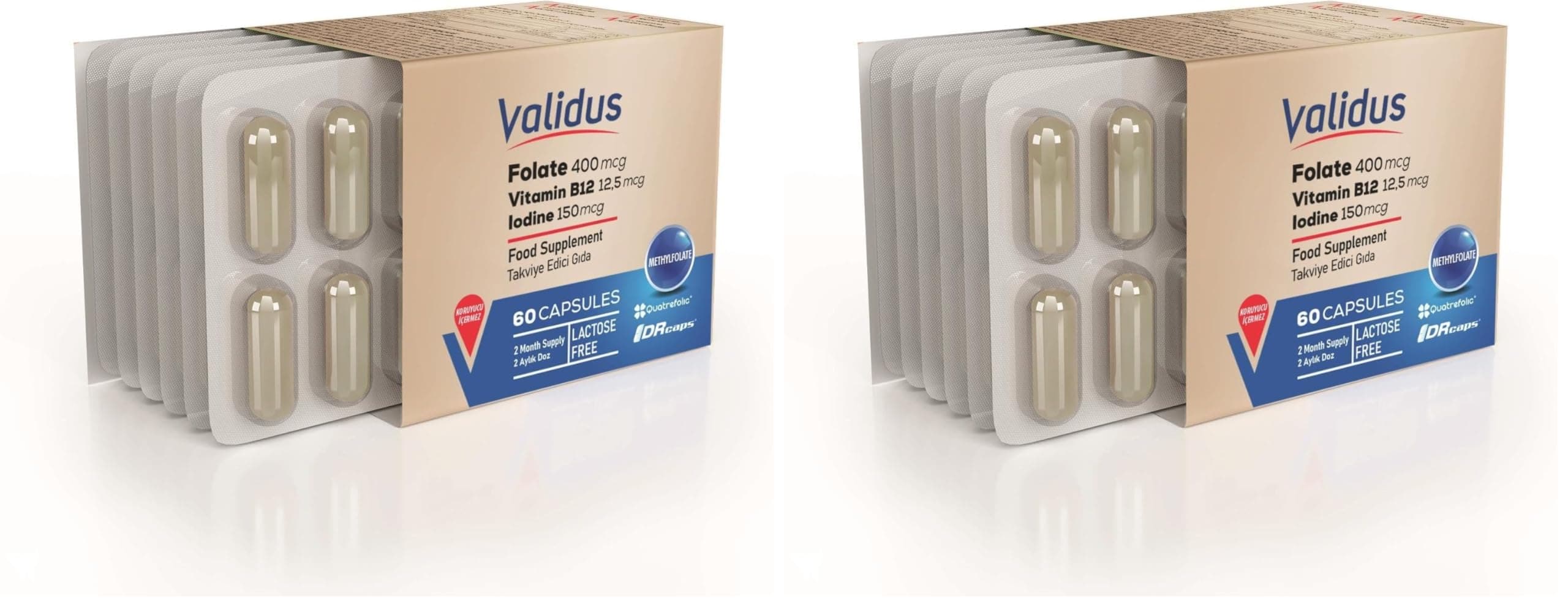 Validus Folat Qatrefolic 400 mcg + Vitamin B12 + Vitamin B6 + Iodine 60 Capsules (2 paketi)