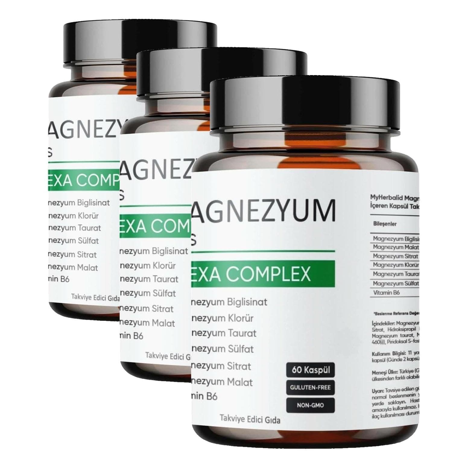 Aromel Magnezyum Plus, Hexa Complex 60 Kapsül Magnezyum, Biglisinat, Klorür, Taurat, Sülfat, Sitrat, Malat (3 paketi)