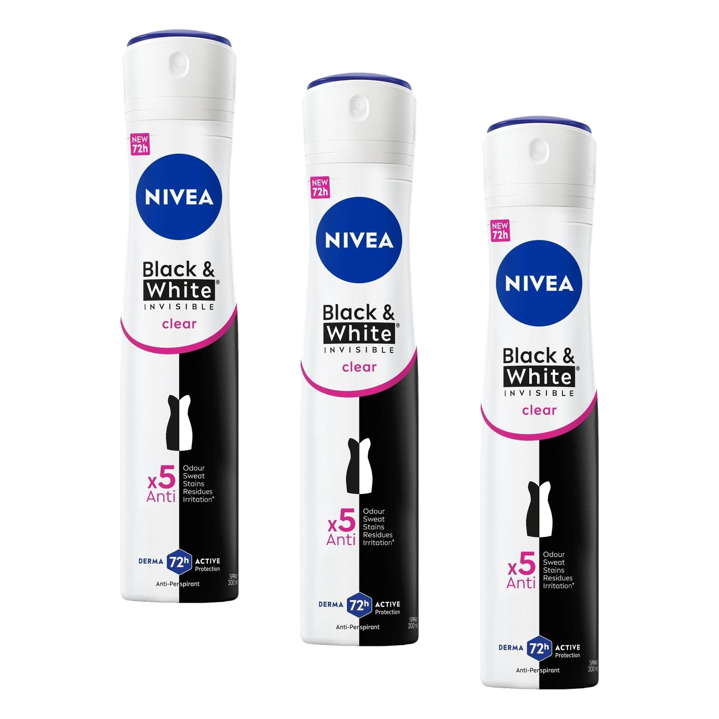 NIVEA Kadın Sprey Deodorant Black&White Invisible Clear 200 ml, 72 Saat Anti-perspirant Koruma, Ekonomik Boy (3 paketi)
