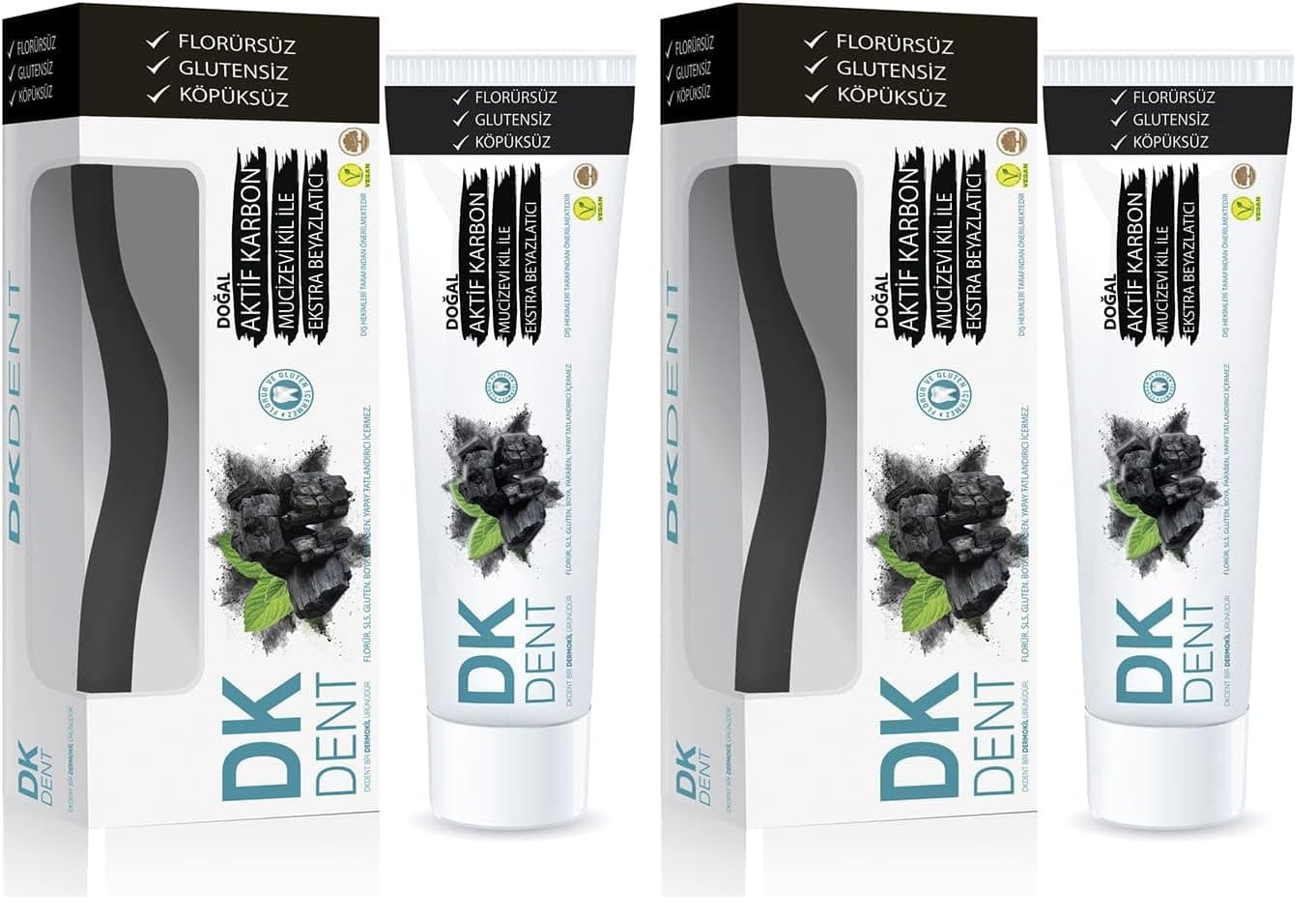 DKDENT Vegan Aktif Karbonlu Florürsüz Diş Macunu 75 ml Diş Fırçası Hediyeli 2li paket