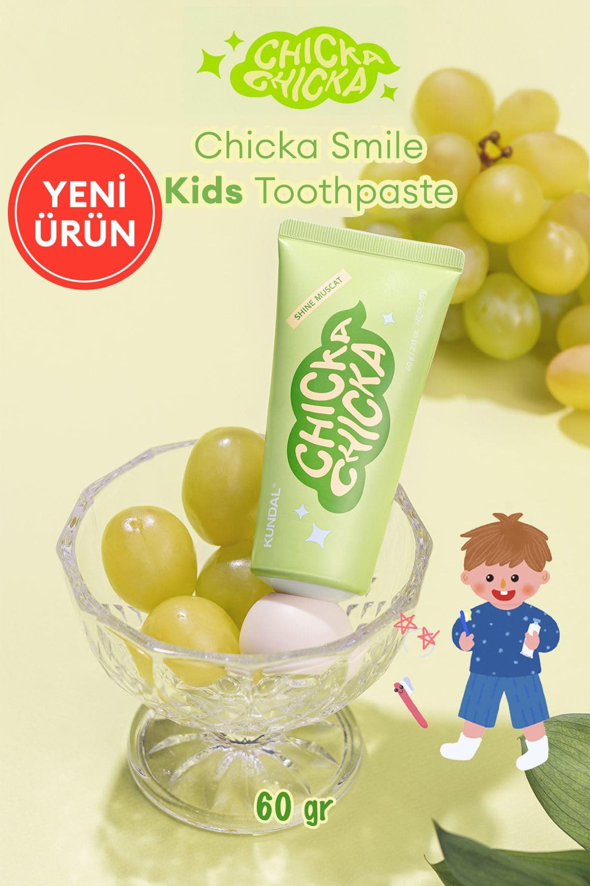 KUNDAL Renkli, Çürüklere Karşı Etkili Çocuk Diş Macunu Chicka Smile Kids Toothpaste (Shine Muscat)