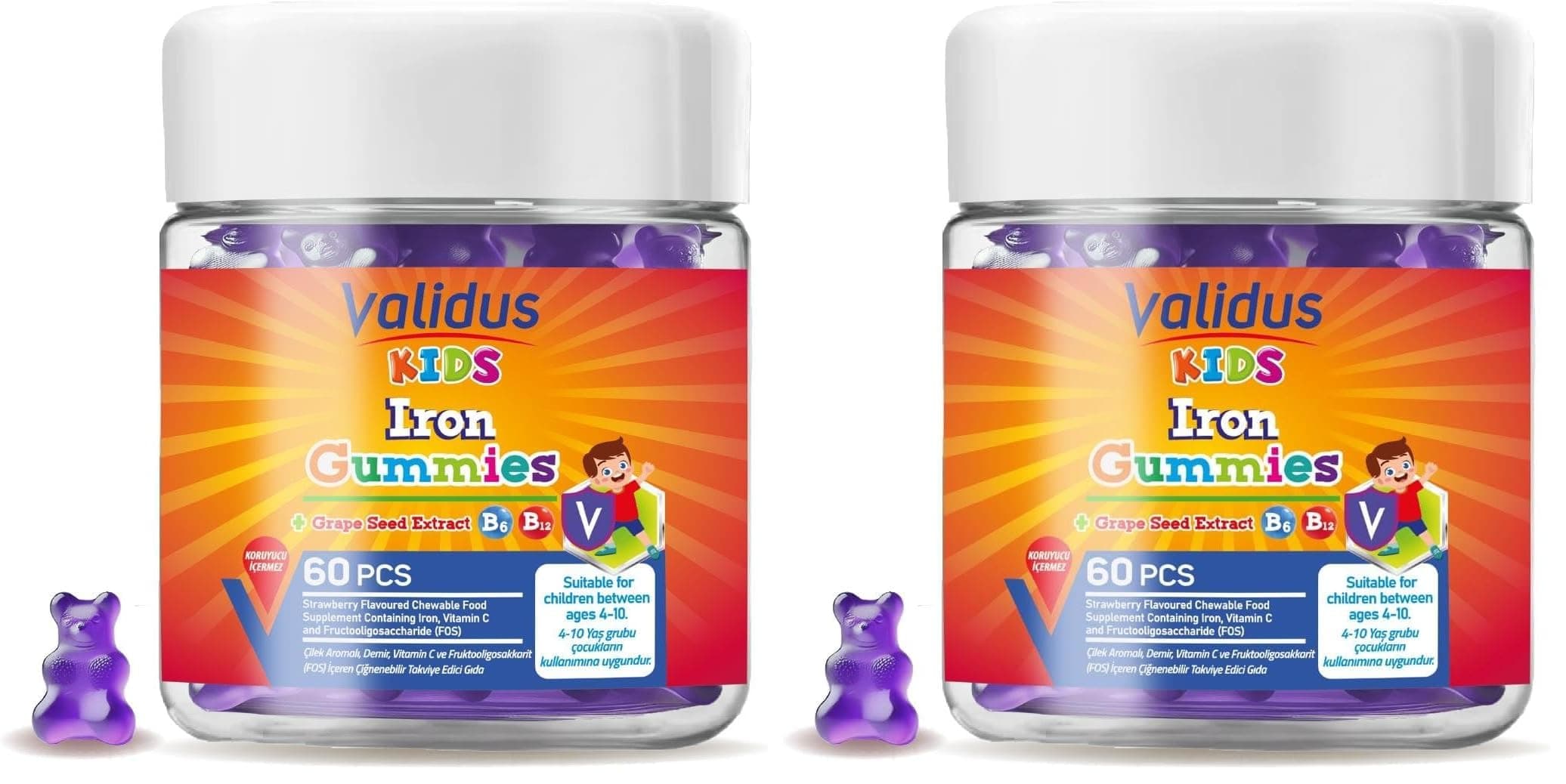 Validus Kids Iron Vitamin C Vitamin B6 - B12 Fos 60 Gummies (2 paketi)
