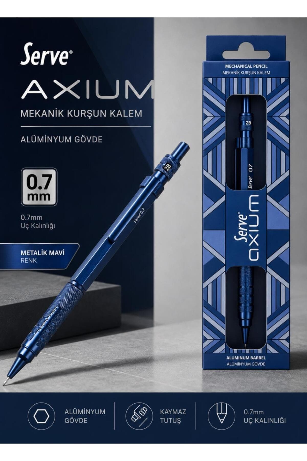 Serve Axium Versatil Kalem 0.7mm Metalik Antrasit Mavi