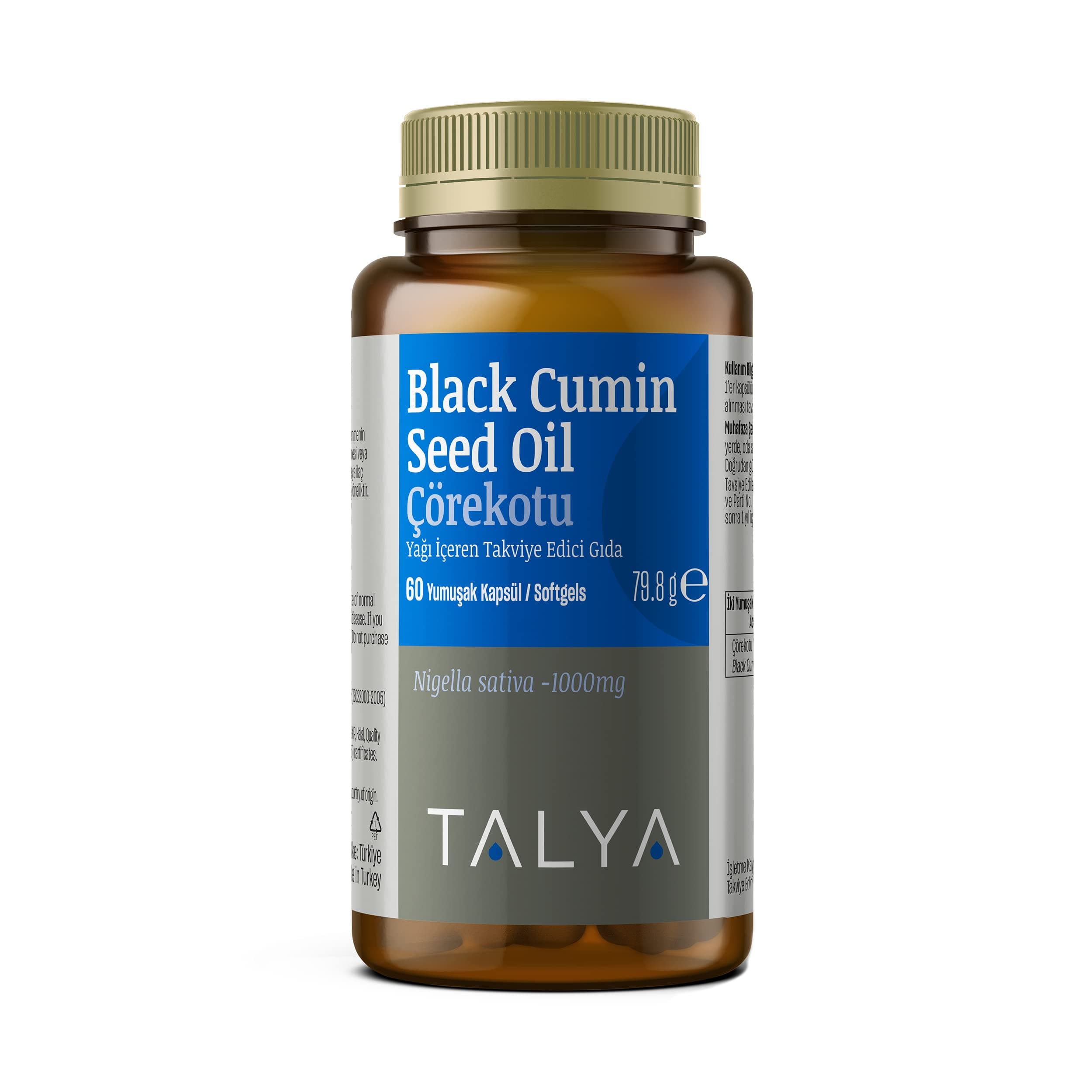 Talya Çörekotu Yağı 60 Softgel - Soğuk Sıkım - Yüksek Timokinon - Nigella Sativa Tohumlarından GDO'suz Türk Çörekotu Yağı - Glifosat İçermez