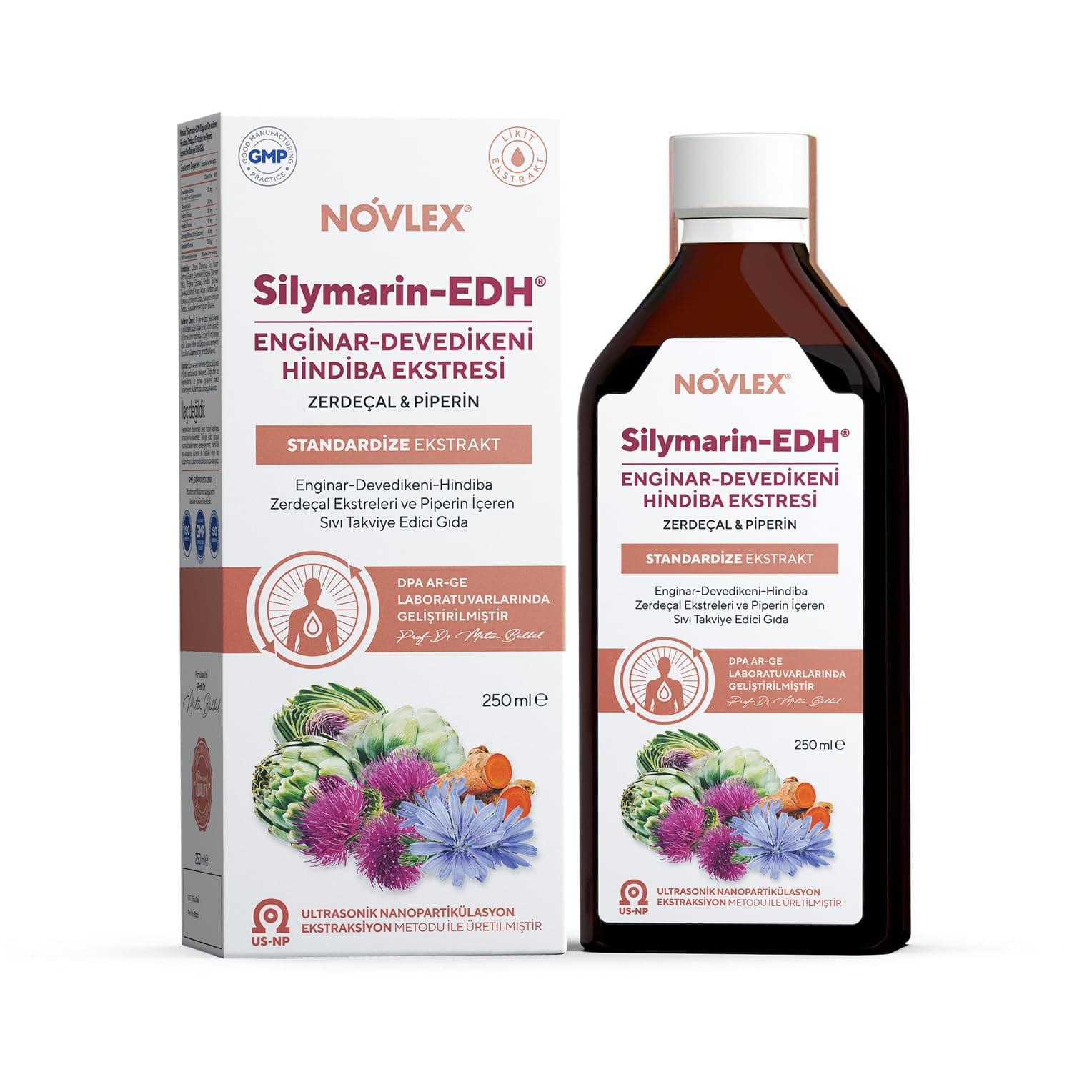 Novlex Silymarin-EDH Enginar (Artichoke), Devedikeni (Milk Thistle), Hindiba, Zerdeçal ve Piperin Ekstraktı (Ekstresi) İçeren Sıvı Takviye Edici Gıda 250ml