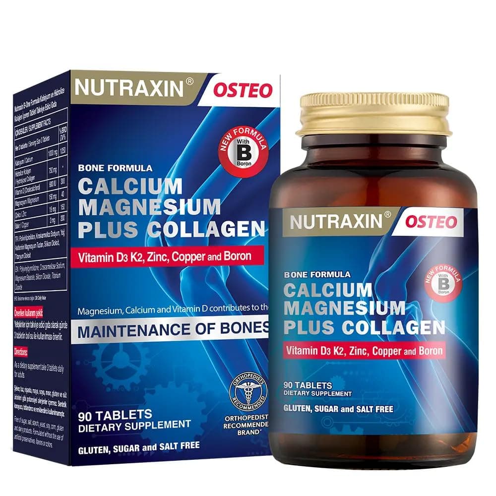 Nutraxin Bone Formula Calcium Magnesium + Collagen – 90 Tablet: Tip I Kolajen, Kalsiyum, D Vitamini, Magnezyum, Çinko & Bakır İçeren Takviye