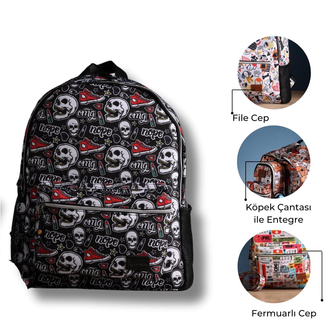 x Human Sırt Çantası – Laptop Bölmeli, Su Geçirmez Ön Cepli, 15" Uyumu, Termos Bölmeli, Ayarlanabilir Askılı, Ergonomik & Şık Tasarım, Skull