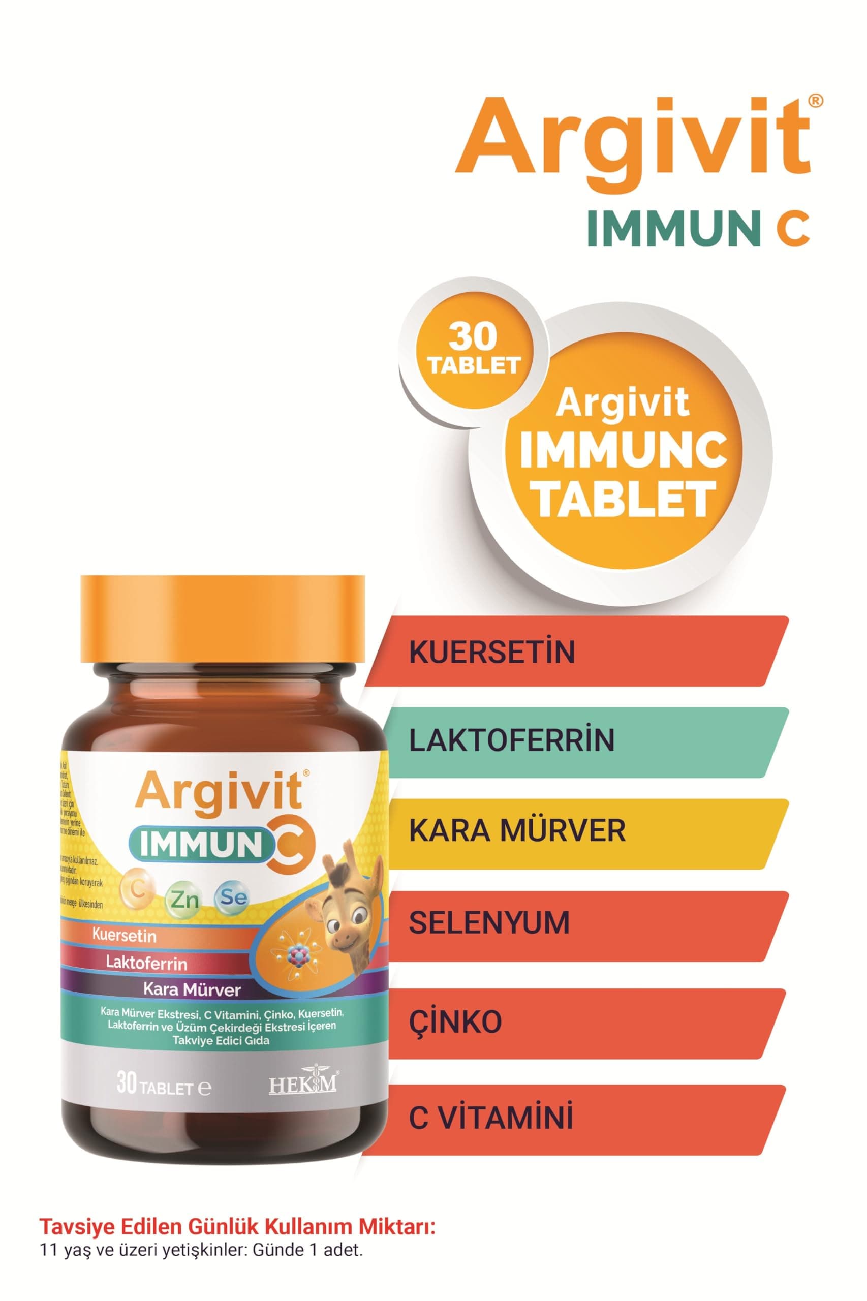 Argivit Immun C Tablet Kara Mürver, C Vitamini, Çinko, Kuersetin, Laktoferrin, Üzüm 30 Tablet
