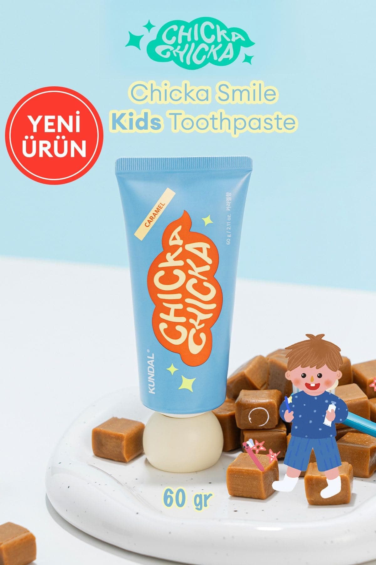 KUNDAL Renkli, Çürüklere Karşı Etkili Çocuk Diş Macunu Chicka Smile Kids Toothpaste (Caramel)