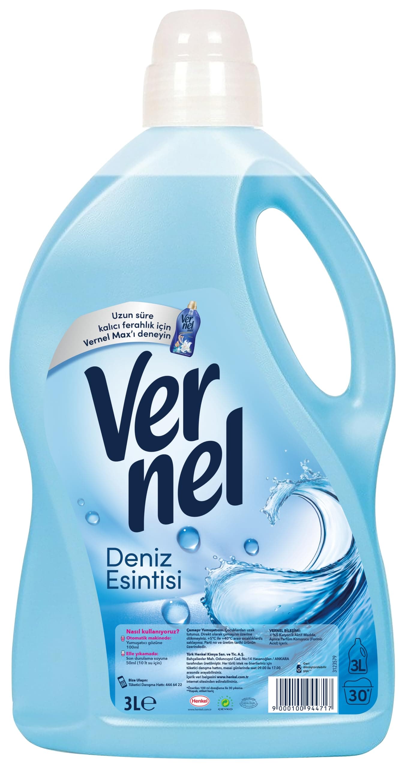 Vernel Deniz Esintisi Kalıcı Parfüm 30 Yıkama Çamaşır Yumuşatıcısı (1 x 3000 mL)