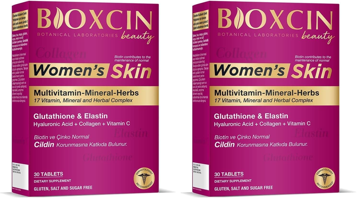 Bioxcin Women's Skin Tablet – Kolajen, Biotin, Glutatyon, Hyaluronik Asit ve Vitamin C İçeren Kadınlara Özel Cilt, Saç ve Tırnak Takviyesi – 30 Tablet (2 paketi)