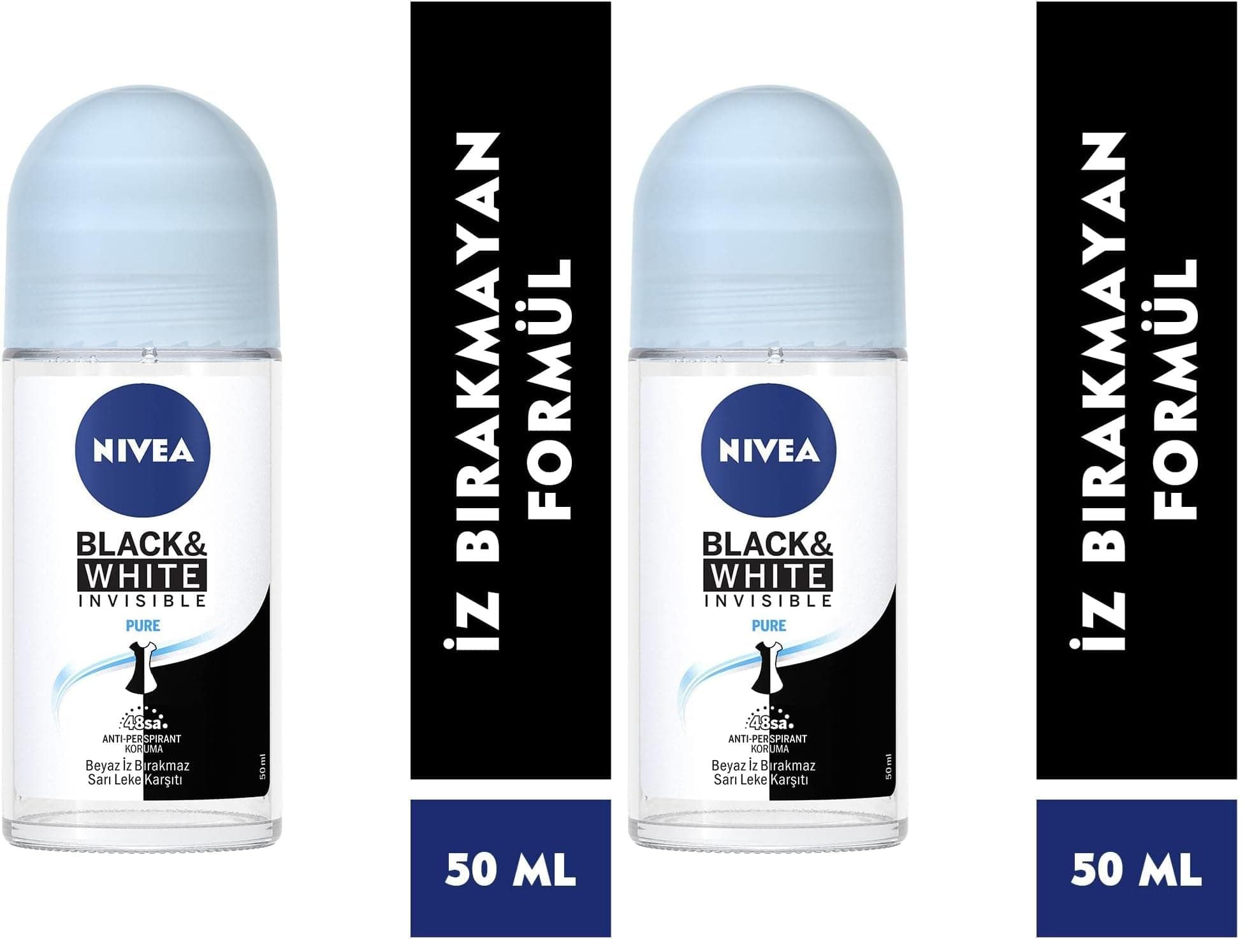 NIVEA Kadın Roll On Deodorant Black & White Invisible Pure 48 Saat Anti-perspirant Koruma (50 ml) (2 paketi)