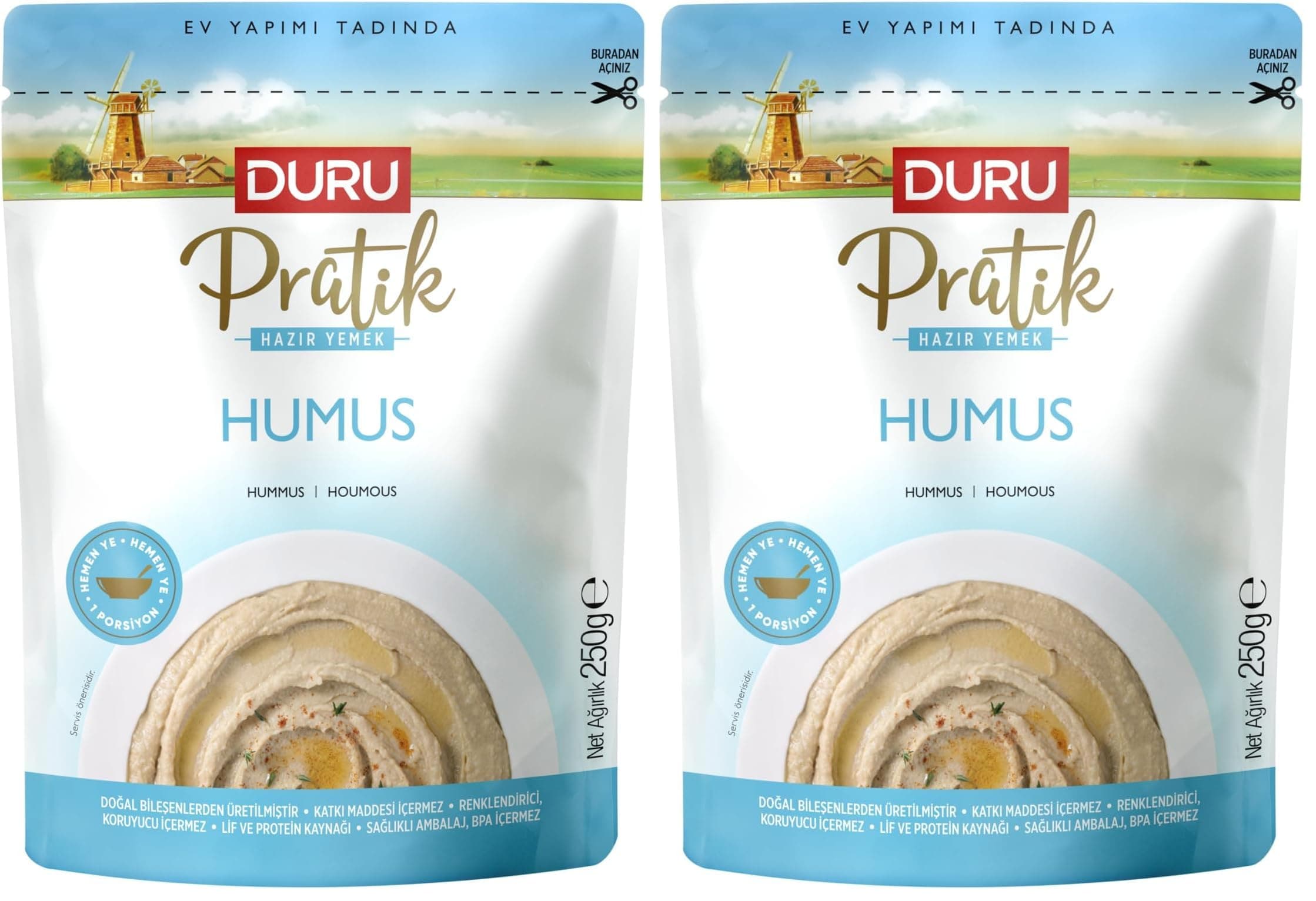 Duru Humus 250g, Hazır Nohut Ezmesi, Katkısız, Yüksek Proteinli ve Lif Kaynağı, Mikrodalgada Isıtılabilir 2li paket