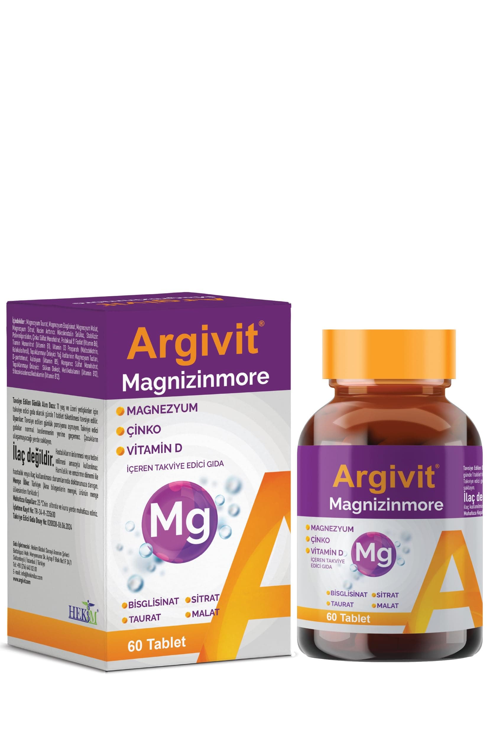 Argivit Magnizinmore Magnezyum, Çinko ve Vitamin D İçeren Takviye Edici Gıda 60 Tablet
