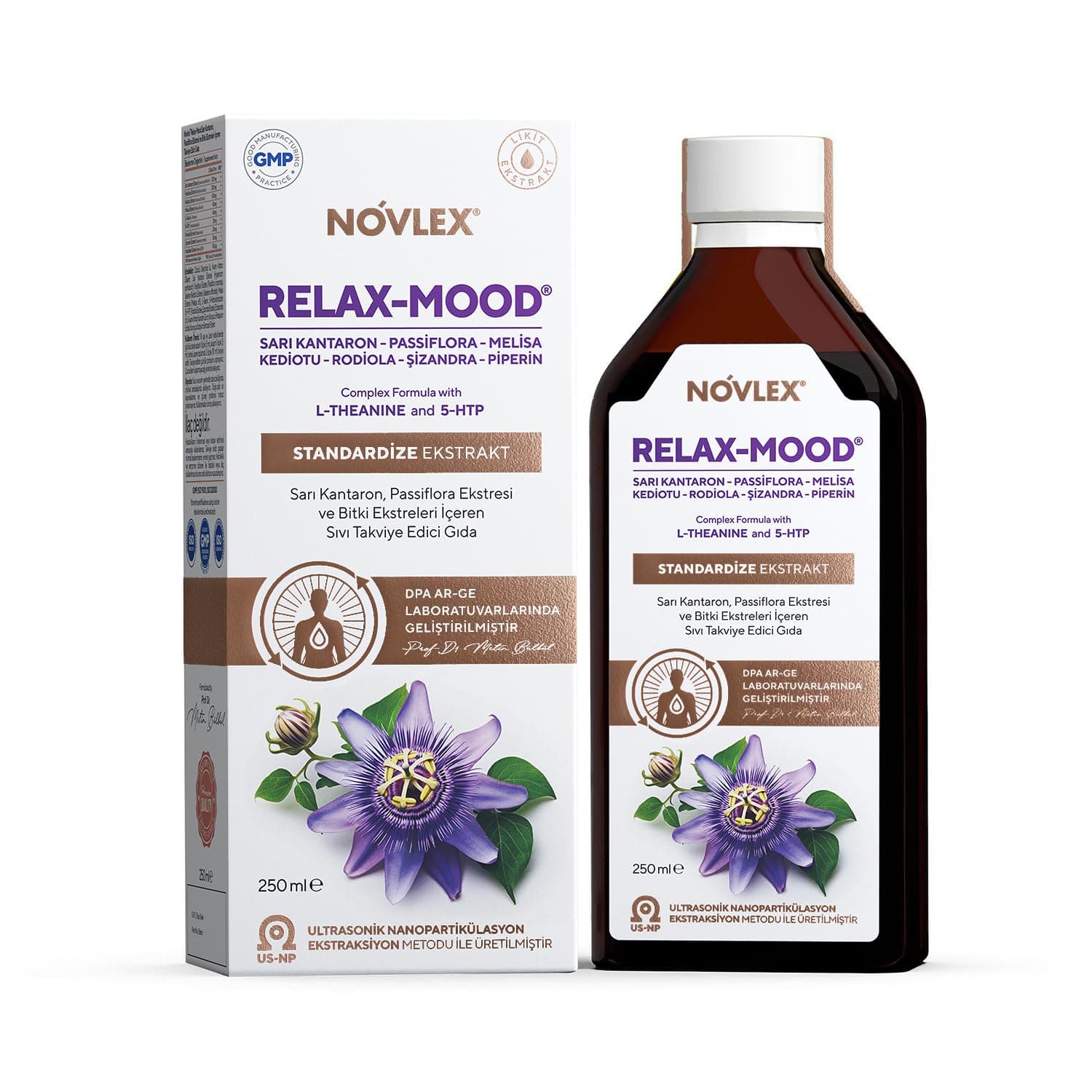 Novlex Relax-Mood Sarı Kantaron (St. John’s Wort), Passiflora, Kediotu (Valerian), Melisa, L-Teanin, 5-HTP, Rhodiola, Şizandra ve Piperin Ekstraktı 250ml