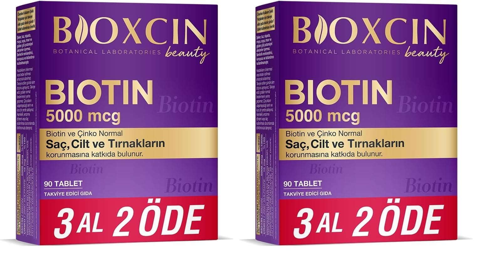 Bioxcin Biotin 5000 mcg | Saç ve Tırnak Sağlığı İçin Biotin + Çinko | Yorgunluk ve Enerji Metabolizması Desteği | 90 Tablet | Şeker ve Gluten İçermez (2 paketi)