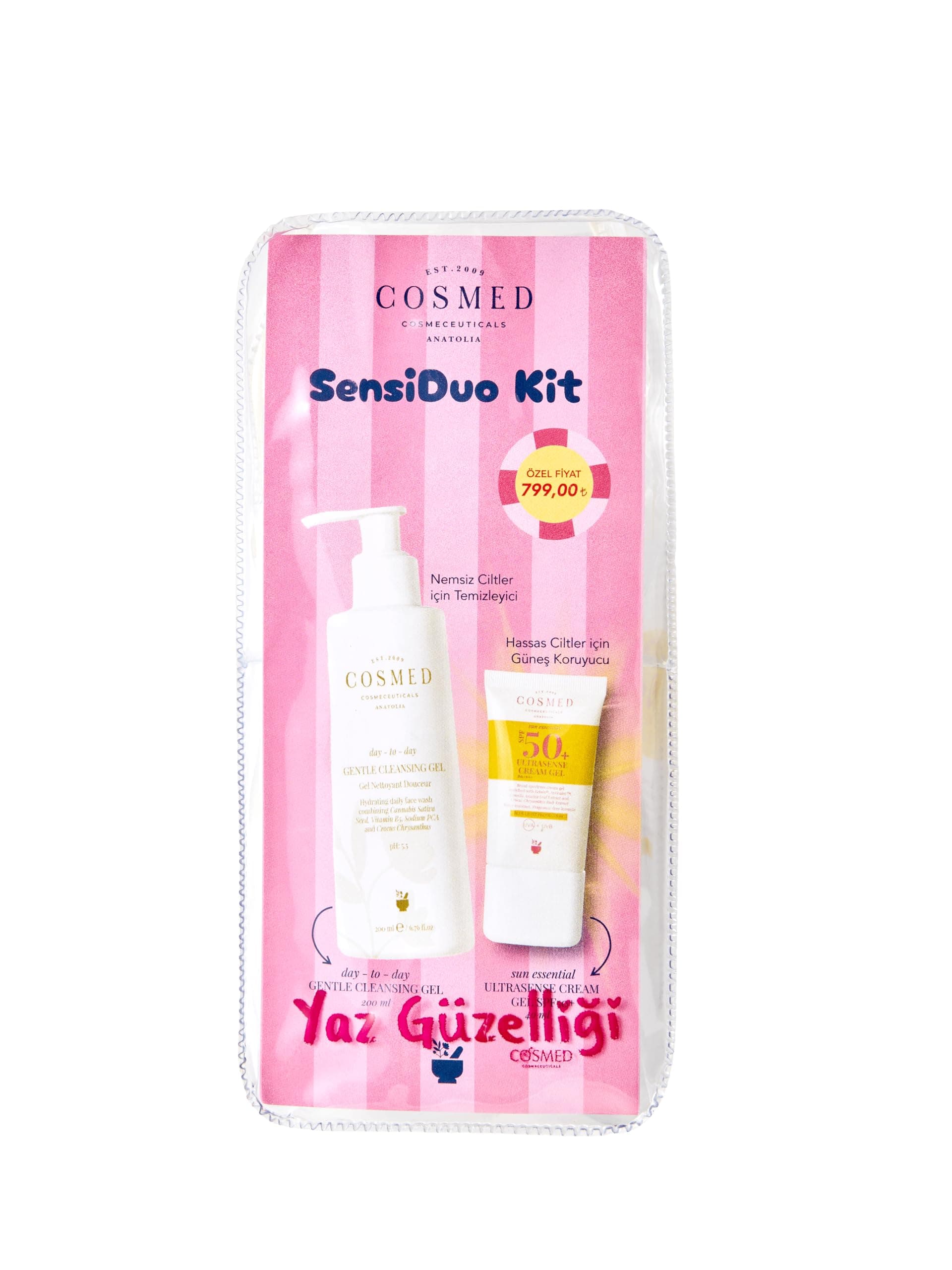 Cosmed SensiDuo Kit Hassas Ciltler İçin Gentle Cleansing Gel 200 ml ve Ultrasense SPF50 Güneş Kremi 40 ml