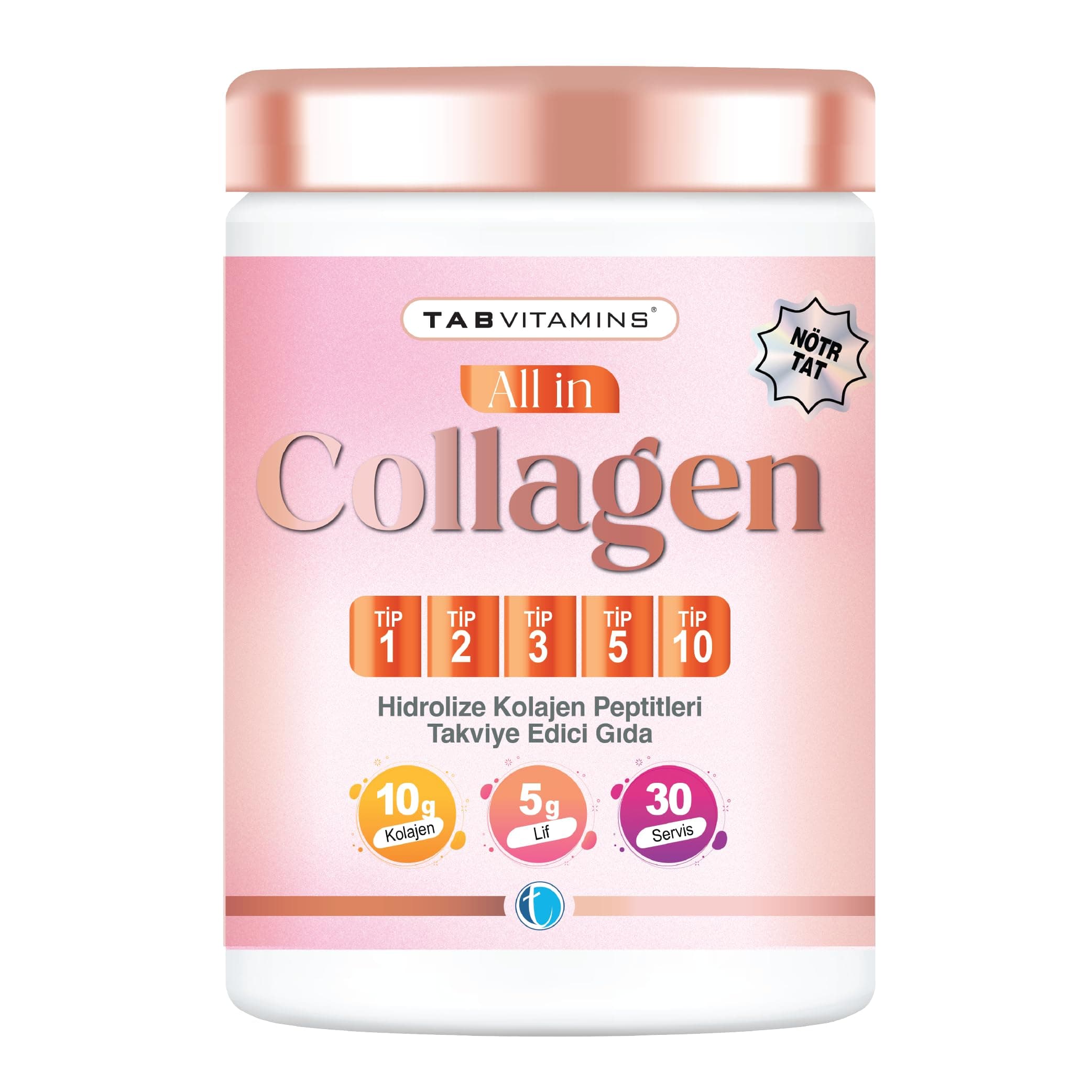 TABVITAMINS All in Collagen 30 Servis Aromasız Hidrolize Kolajen Peptitleri Tip 1 Tip 2 Tip 3 Tip 5 Tip 10 Akasya Gamı Yumurta Kabuğu Zarı Bromelain Hyaluronik Asit Vitamin C Magnezyum