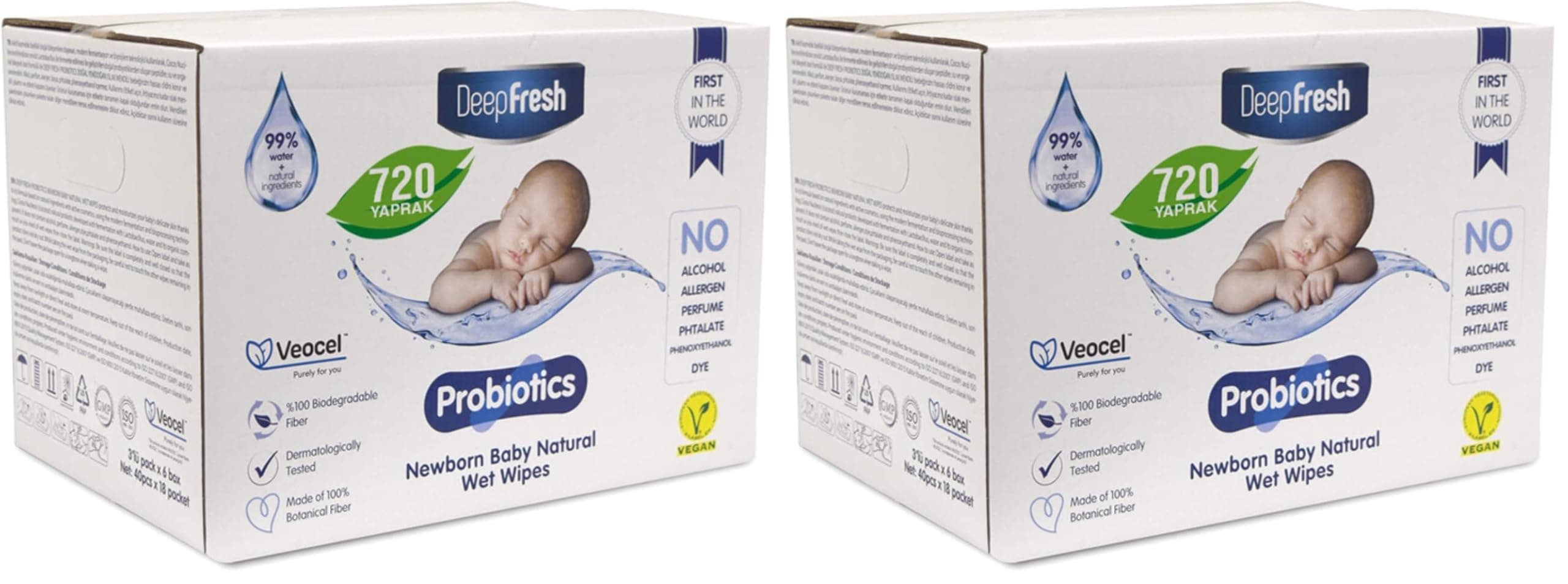 Deep Fresh Probiyotik Alkolsüz Parabensiz Yenidoğan Bebek Islak Mendili 720 Yaprak (18 x 40 Adet) (2 paketi)