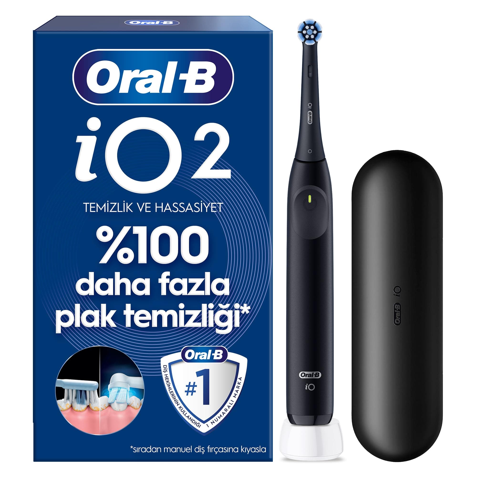 Oral-B iO2 Siyah Şarjlı/Elektrikli Diş Fırçası, 1 Fırça Başlığı, Tek Şarjda 4 Haftaya Varan Kullanım, Seyahat Kabı