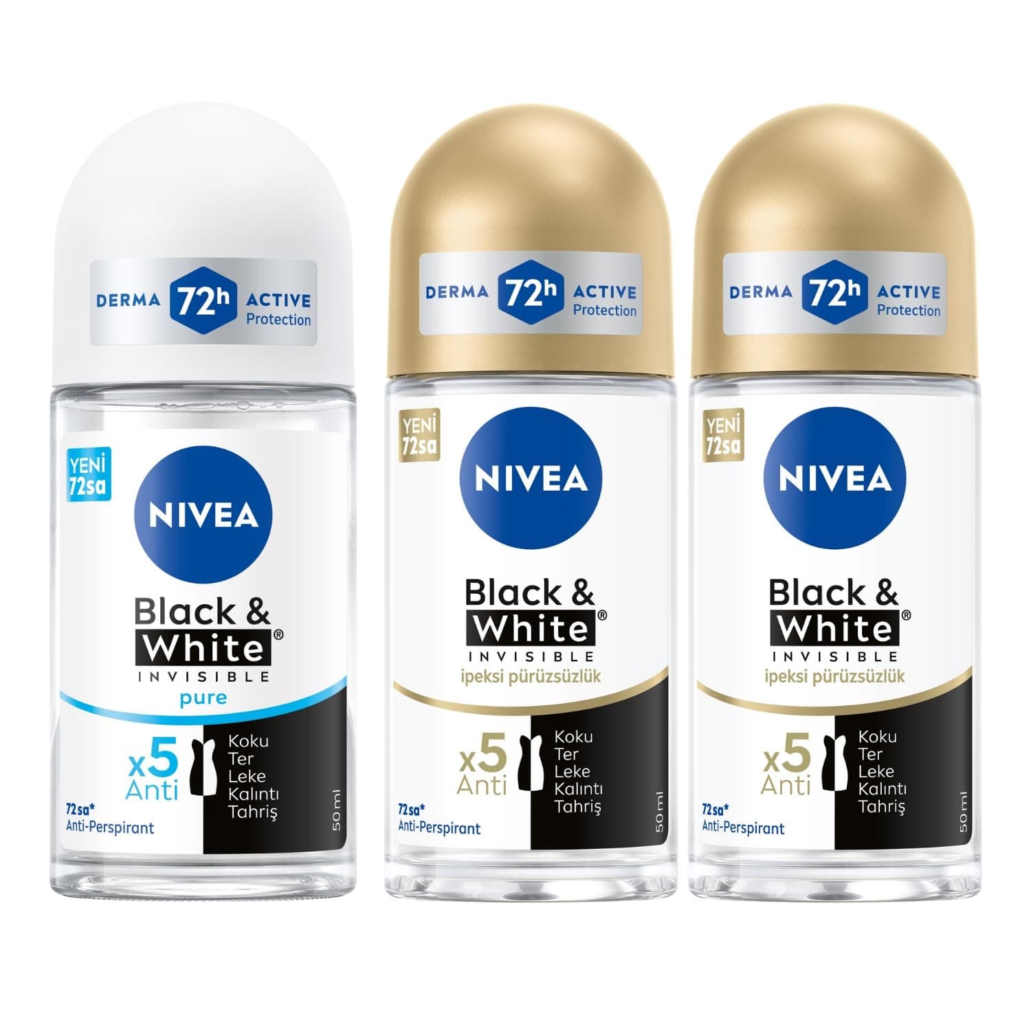 NIVEA Kadın Roll On Deodorant Black & White Invisible Pure 48 Saat (50 ml) + NIVEA Kadın Roll On Deodorant Black&White Invisible İpeksi Pürüzsüzlük 48 Saat Anti-perspirant Koruma 50ml X2
